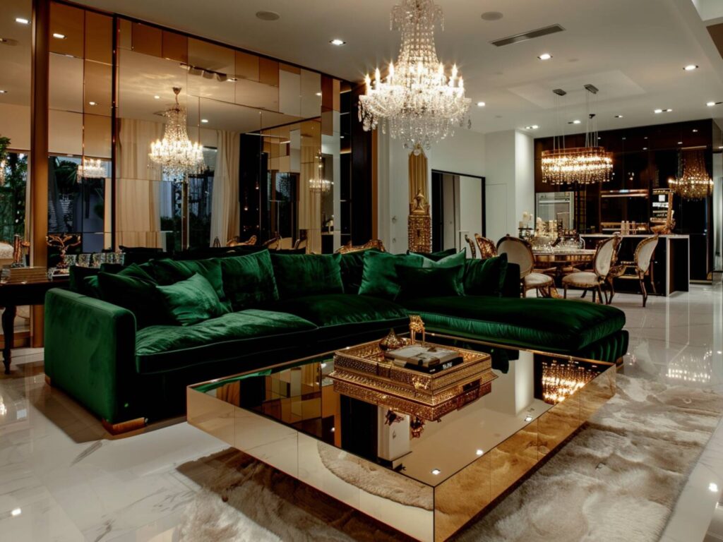 10 inspiracji na urządzenie salonu glamour z lustrzanymi meblami