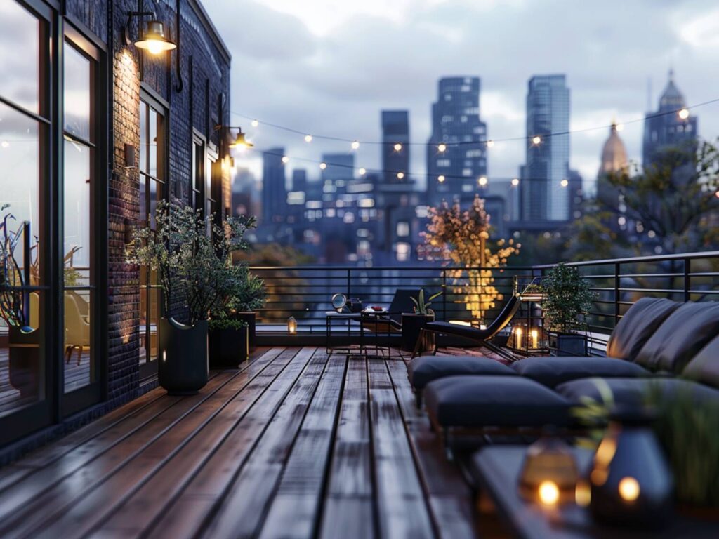 Jak urządzić taras w stylu industrialnym z lampami punktowymi w ciemnych barwach