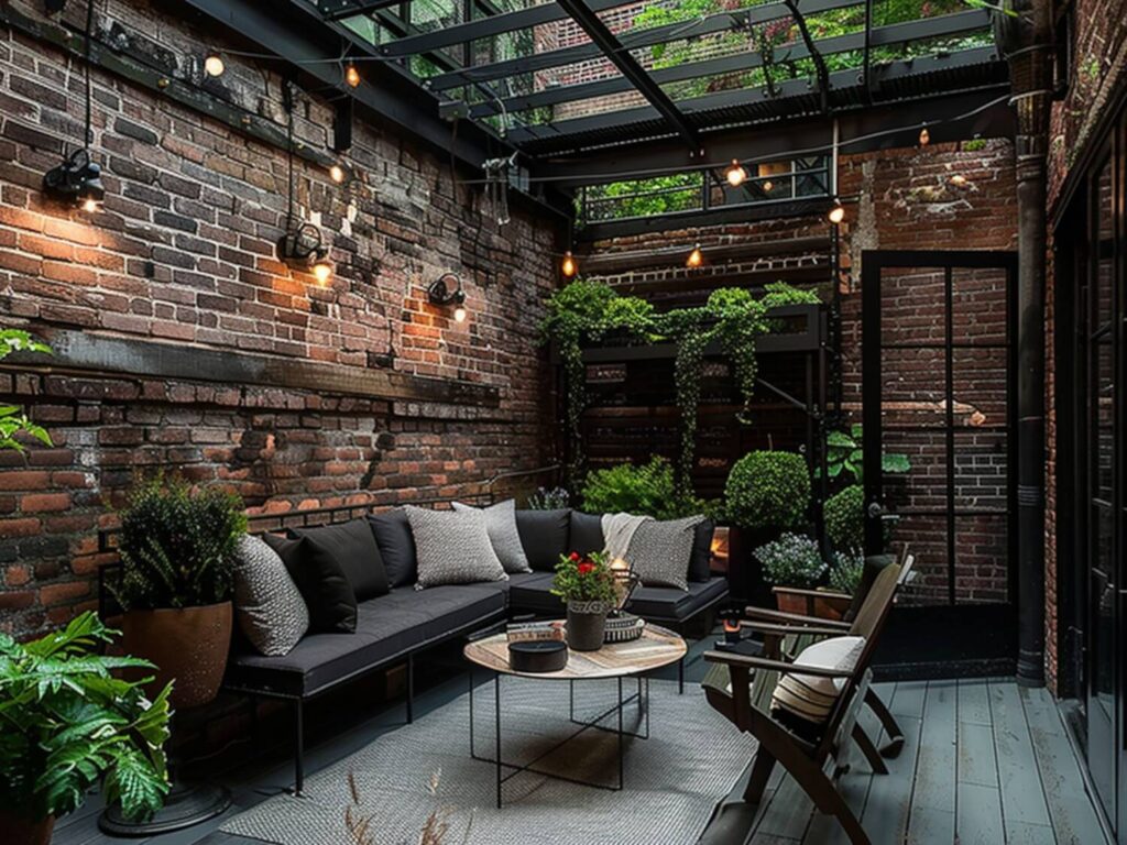 Jak urządzić taras w stylu industrialnym z lampami punktowymi w ciemnych barwach