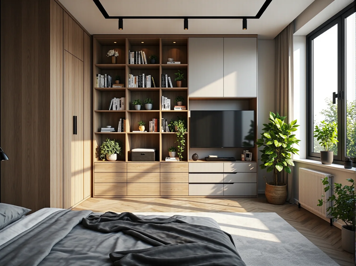 Antresola w sypialni mikroapartamentu z biurkiem pod spodem wykorzystująca wysokość wnętrza.