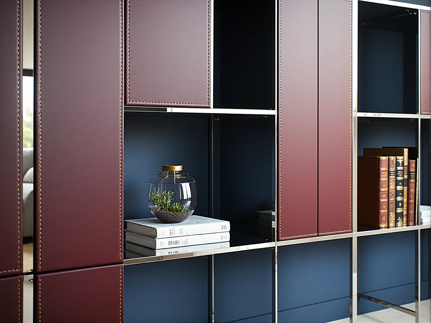 Luksusowa aranżacja salonu z ekologicznym regałem w stylu glamour.