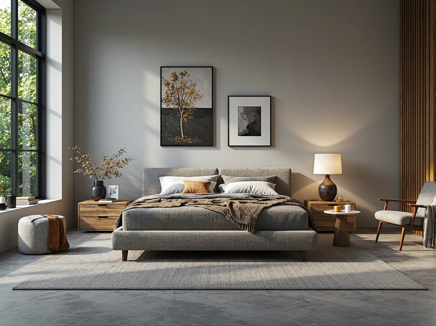 Aranżacja wąskiej sypialni z wysokim wezgłowiem łóżka kontynentalnego jako głównym elementem wystroju.