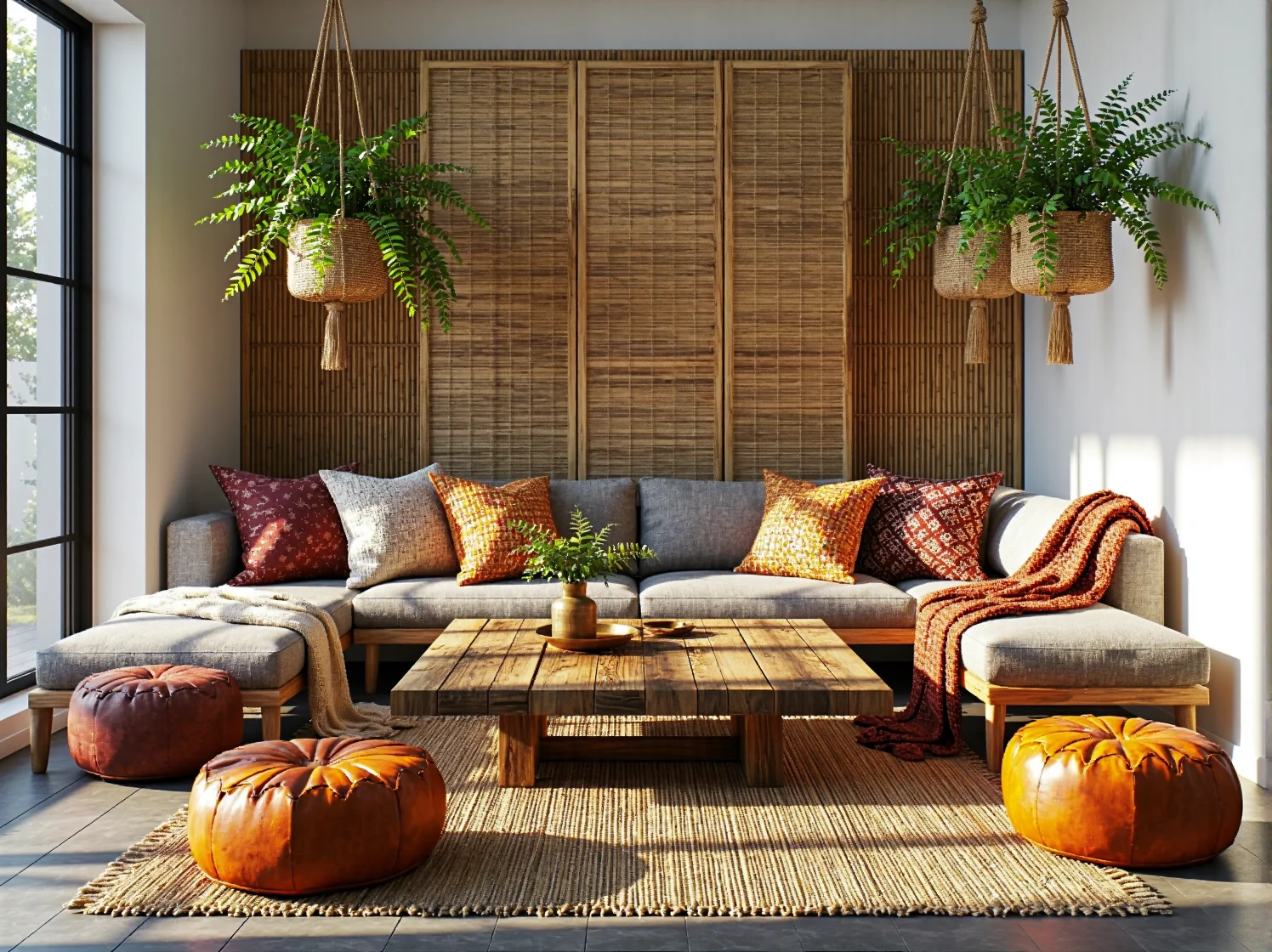 Przytulne wnętrze restauracji ze stołami z odzysku w stylu boho chic.