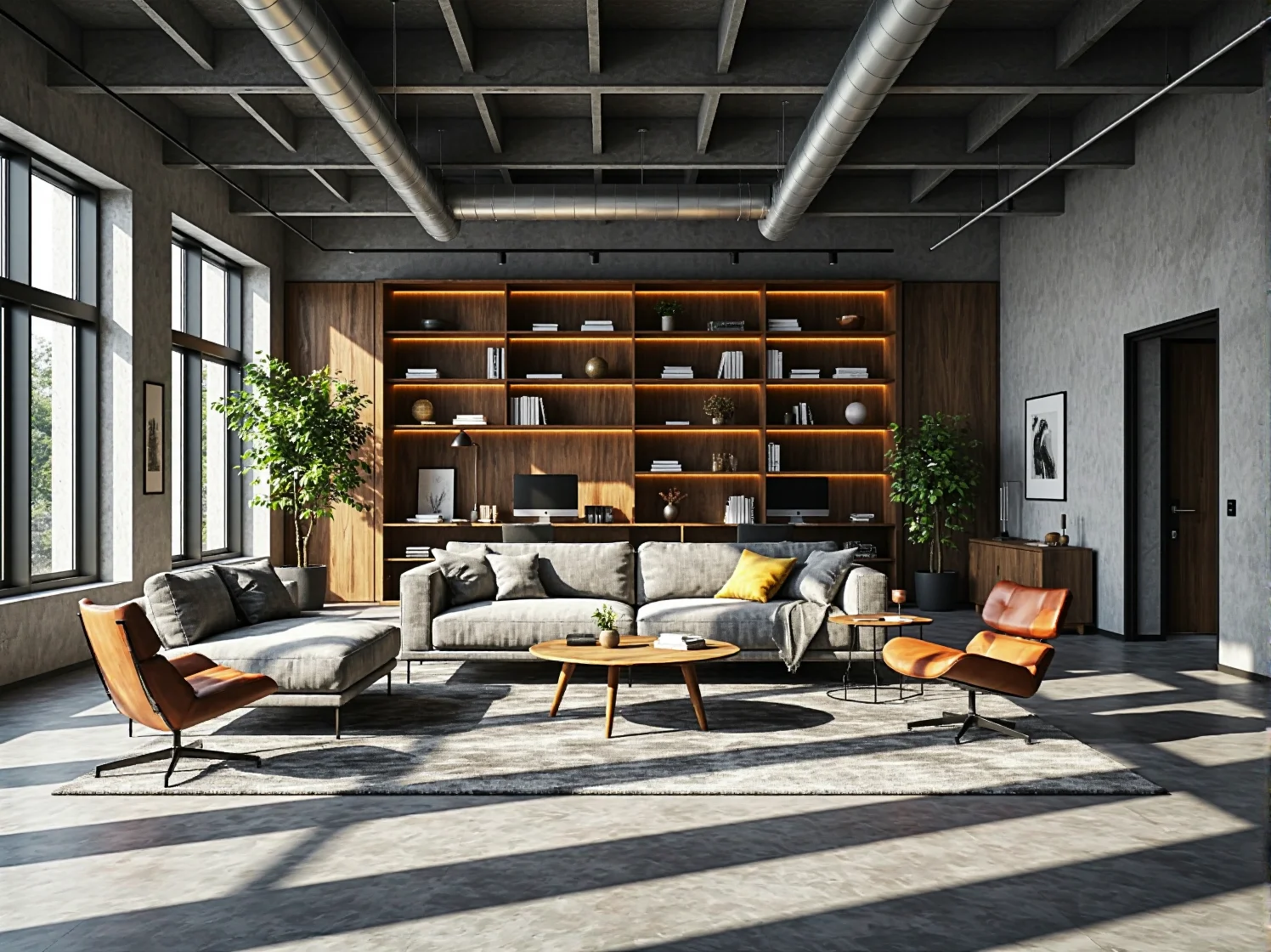 Sala konferencyjna w duchu biophilic design, jasne wnętrze z naturalnymi akcentami i zielenią.