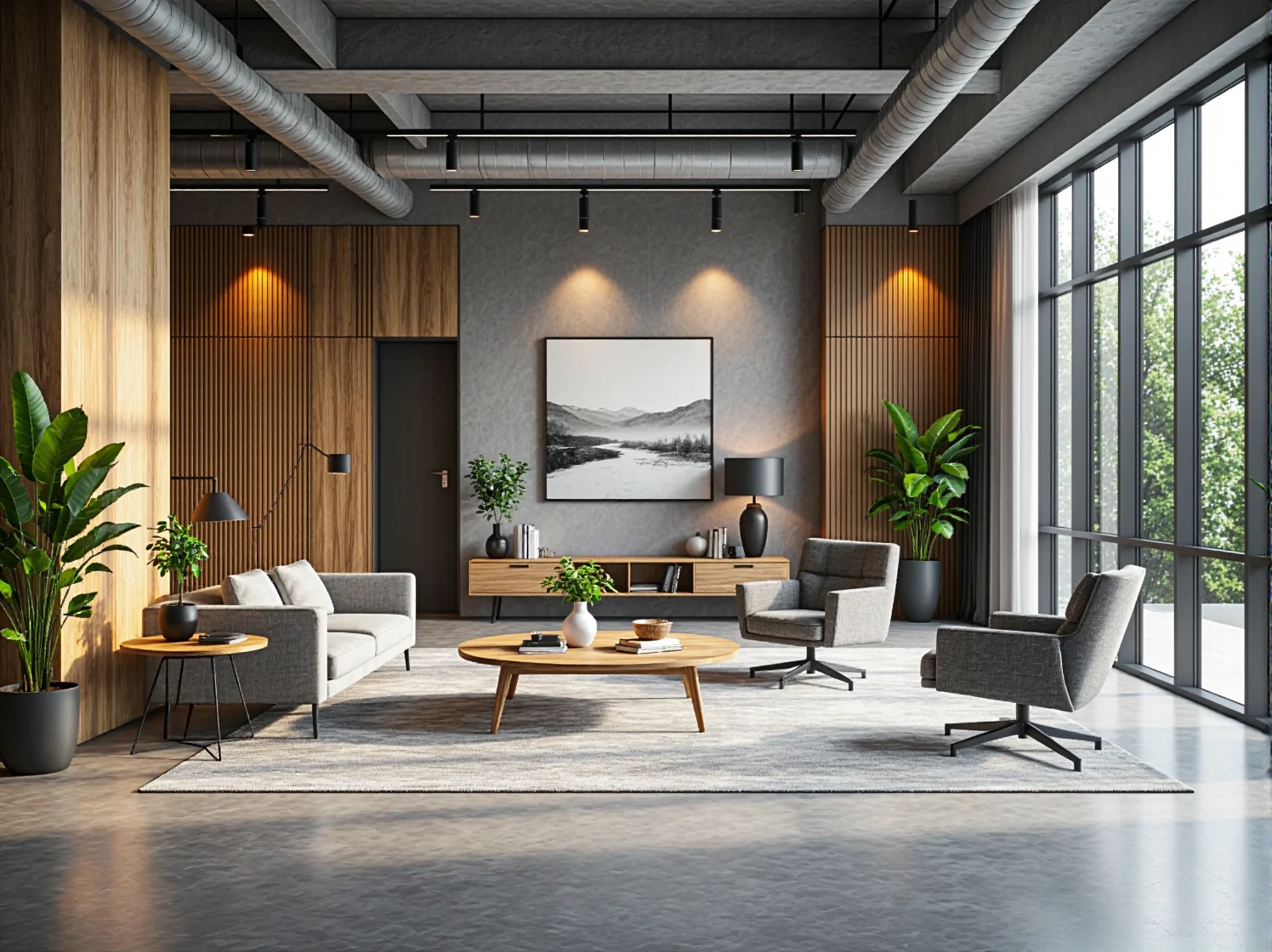 Ergonomiczne stanowisko pracy w biurze z oświetleniem LED i meblami z materiałów z recyklingu.