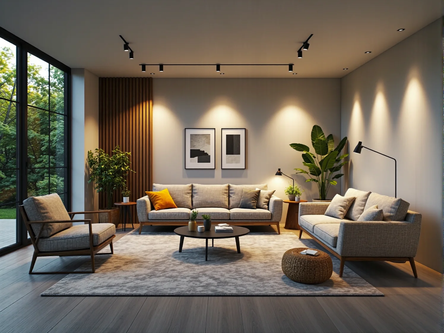 Przytulny kącik wypoczynkowy w ogrodzie oświetlony ciepłym światłem LED