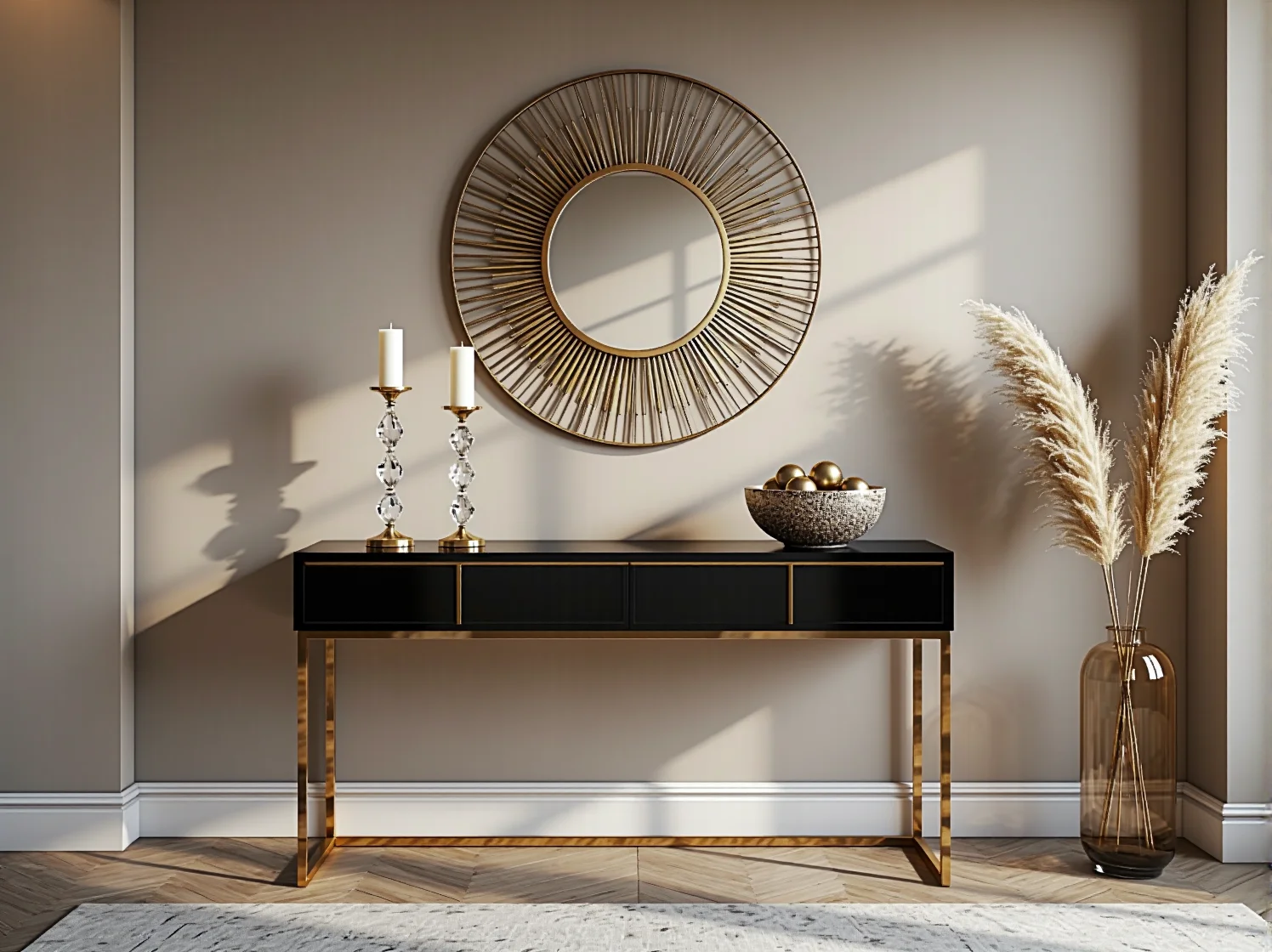 Czarna kuchnia w stylu glamour z marmurowym blatem i złotą armaturą