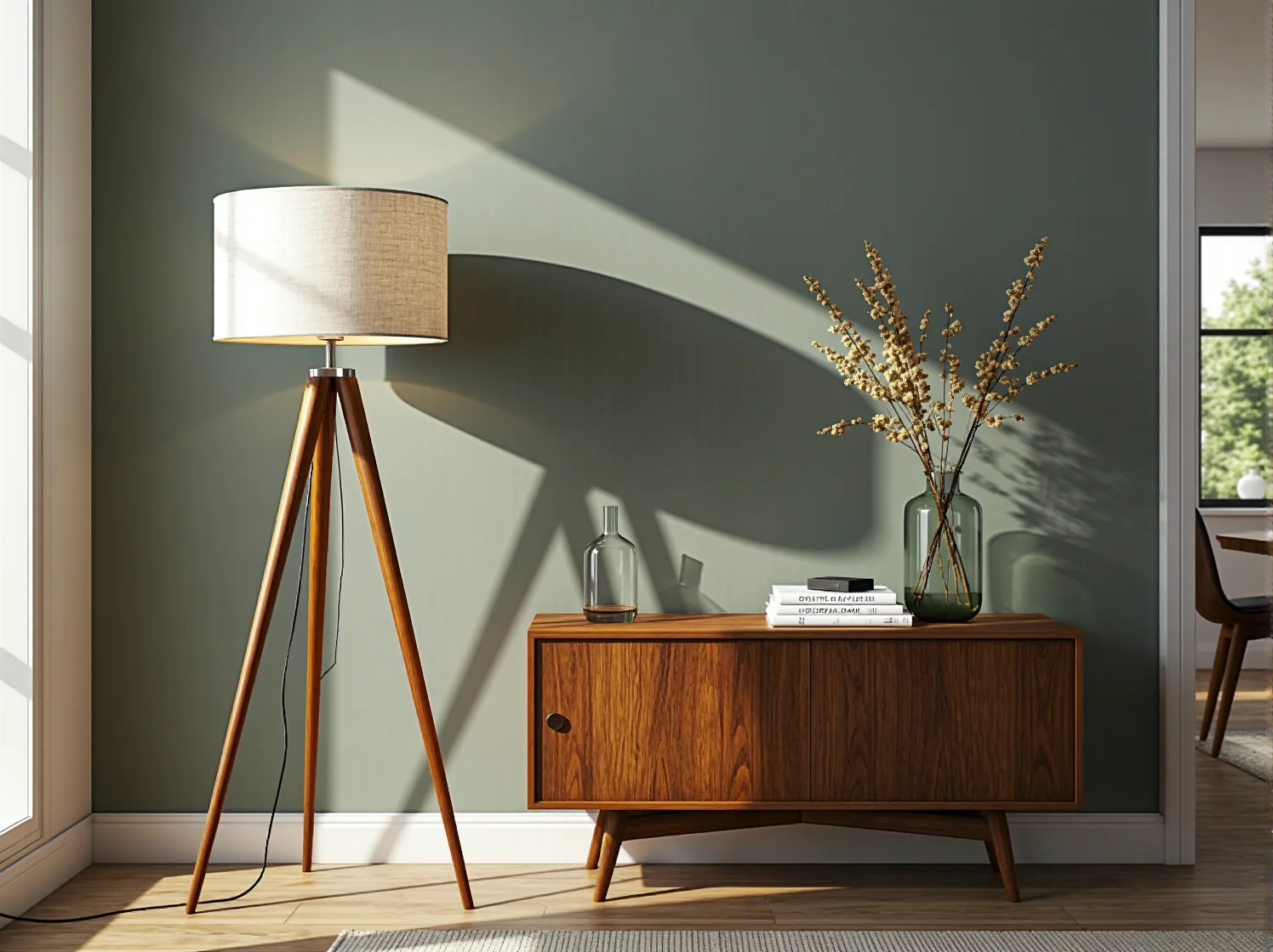 Designerska lampa stojąca łukowa oświetlająca strefę wypoczynkową w nowoczesnym domu