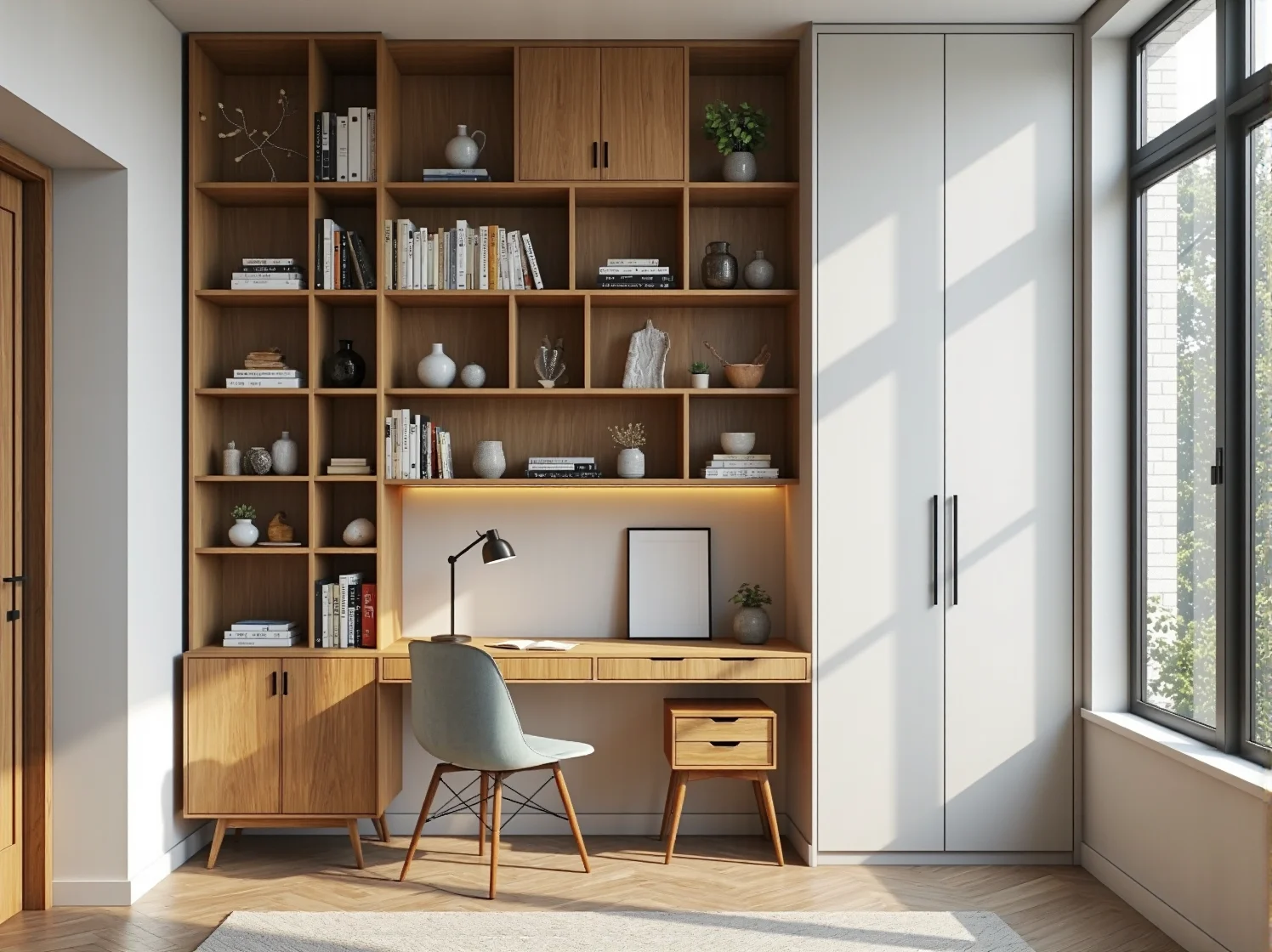 Dodatki w stylu retro, lampa i plakat w sypialni w kawalerce