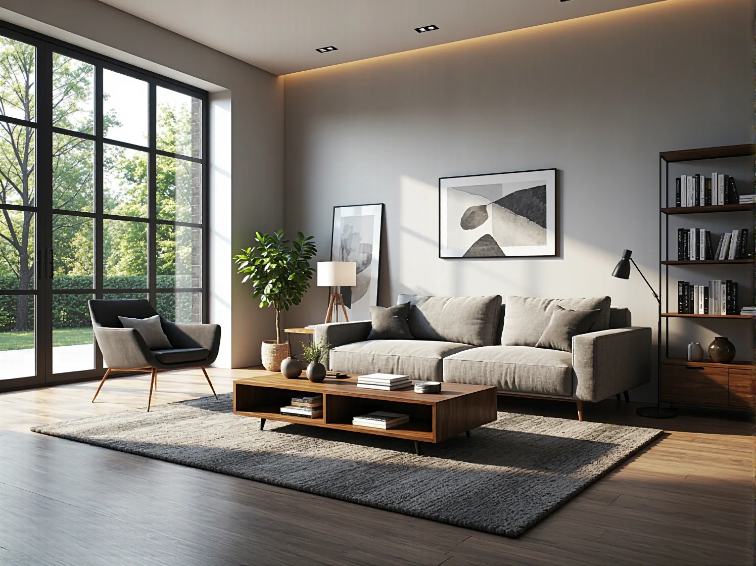 Domowa biblioteczka z regałem na książki i stolikiem na kawę w kąciku relaksu.