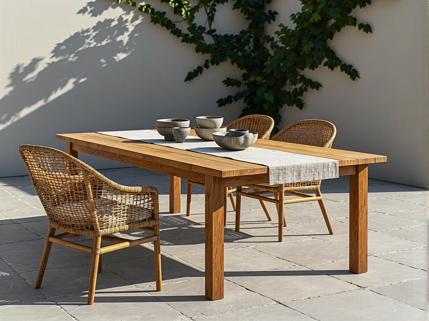 Naturalne materiały i jasne drewno to kluczowe cechy mebli tarasowych japandi.