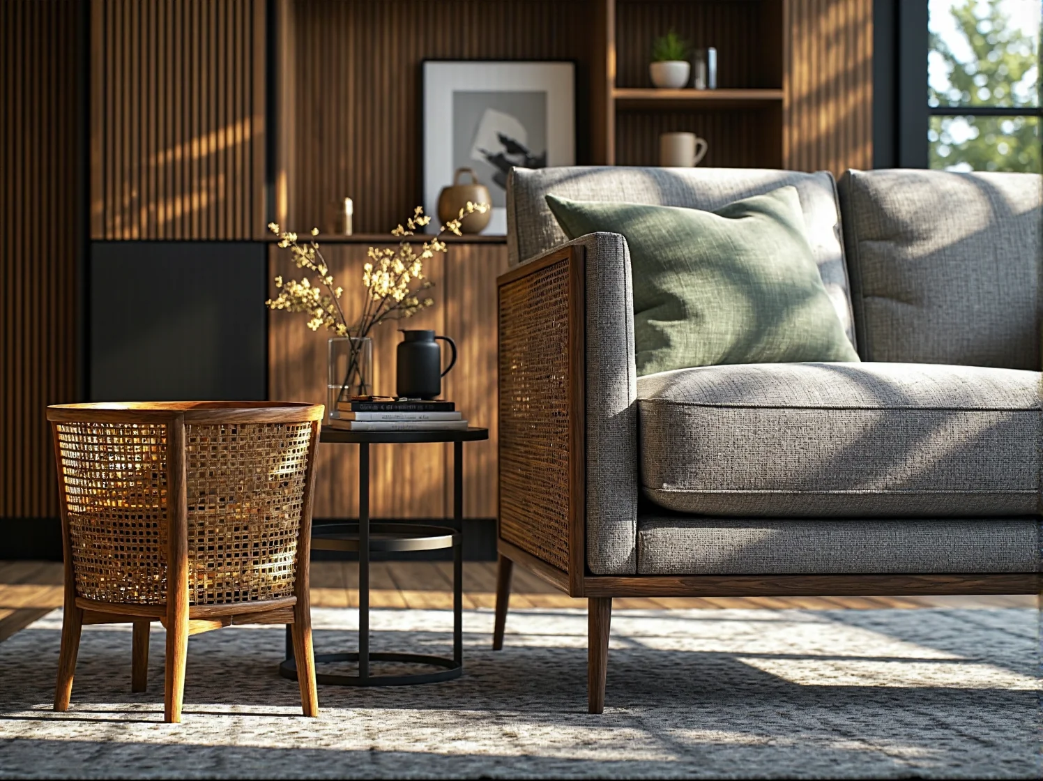 Drewniane przybory kuchenne i misy na kamiennym blacie dodające wnętrzu natury.