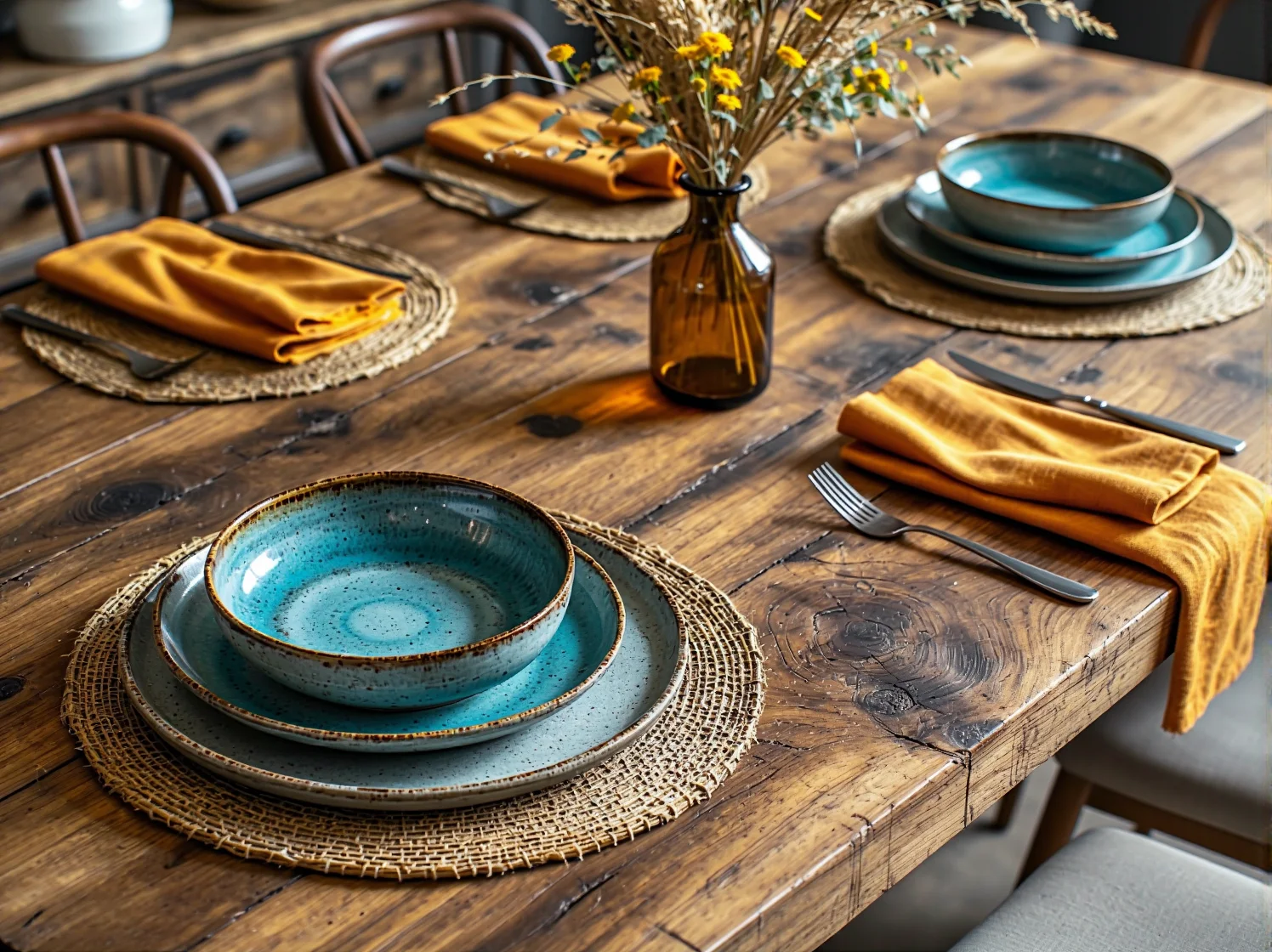 Detal blatu stołu z litego drewna w aranżacji boho z rattanowymi krzesłami.