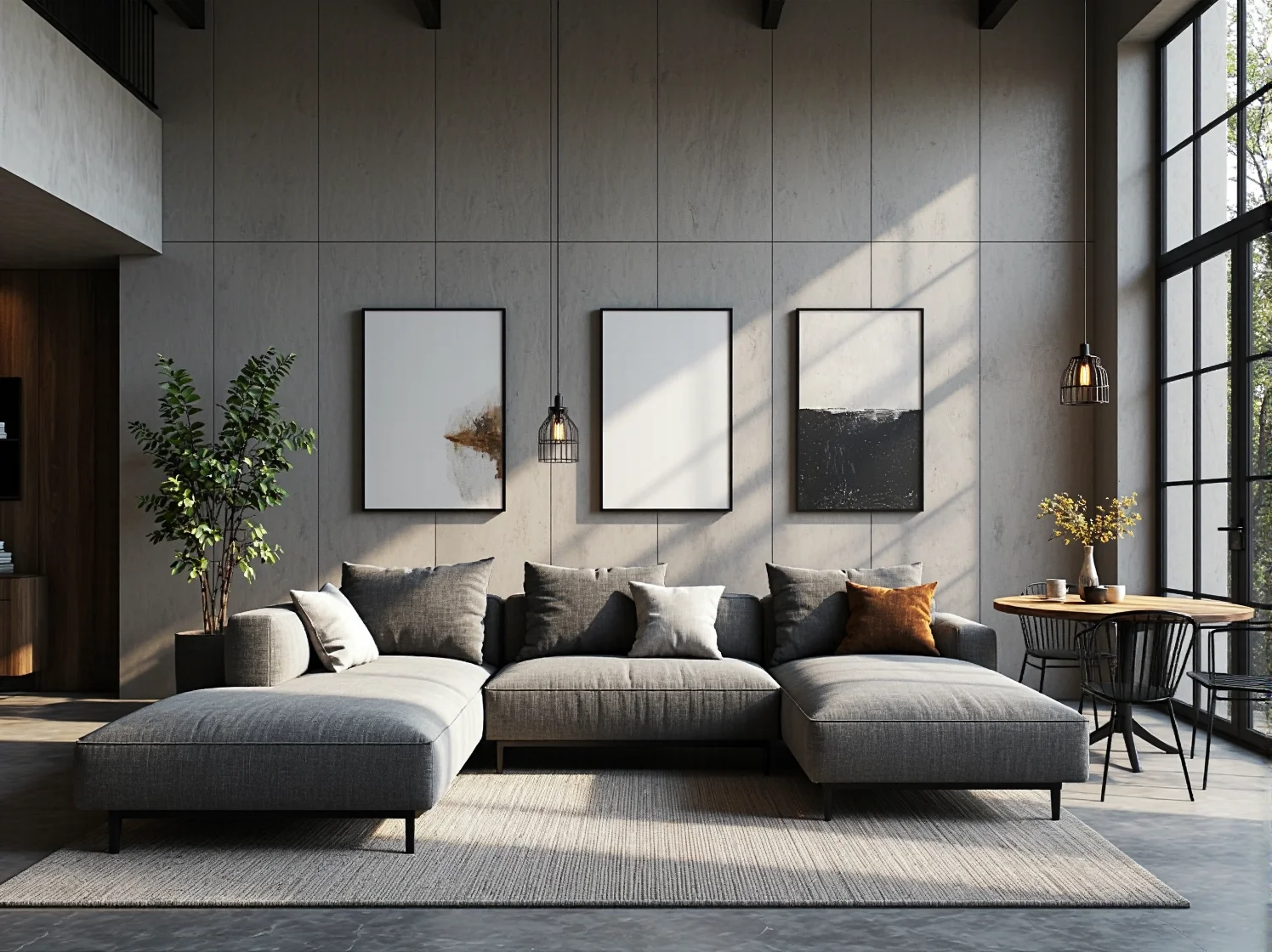 Duży modułowy narożnik w kolorze grafitowym w industrialnej aranżacji z betonem architektonicznym