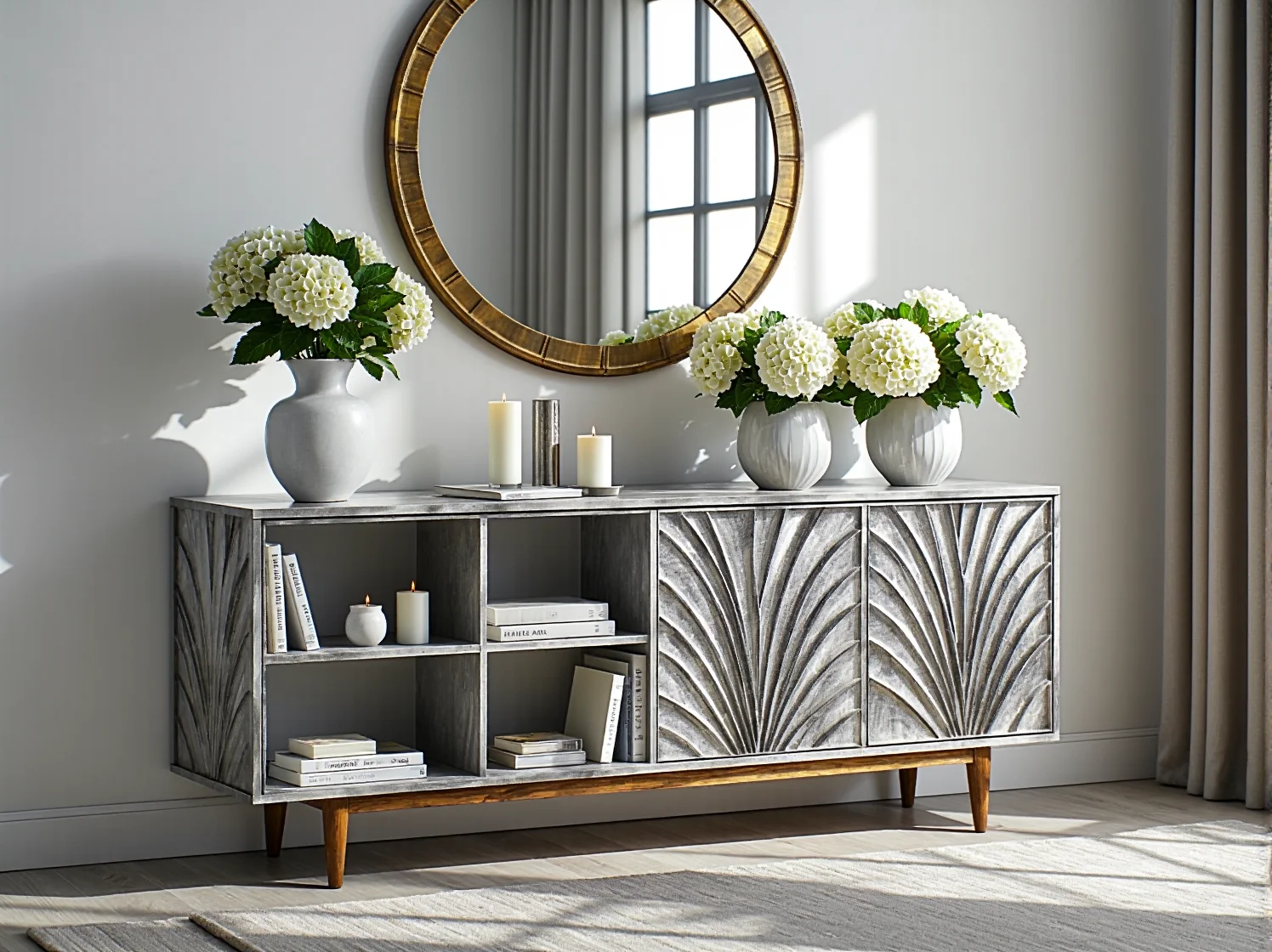 Elegancka biblioteczka glamour z ekologicznych materiałów i szkła.