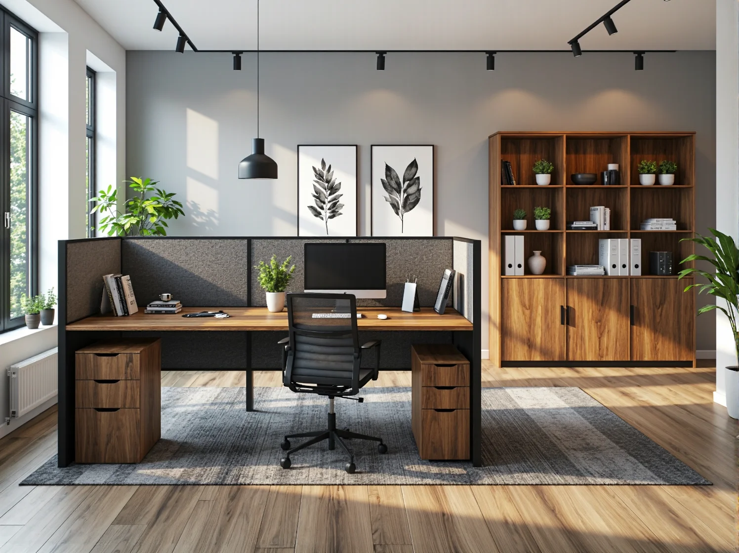 Ergonomiczne stanowisko home office z organizerem na małym biurku.