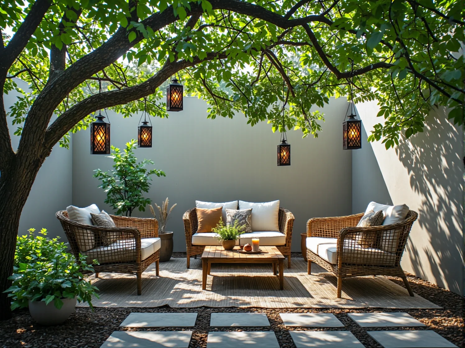 Girlandy solarne zawieszone na gałęziach drzew tworzące nastrojowe światło