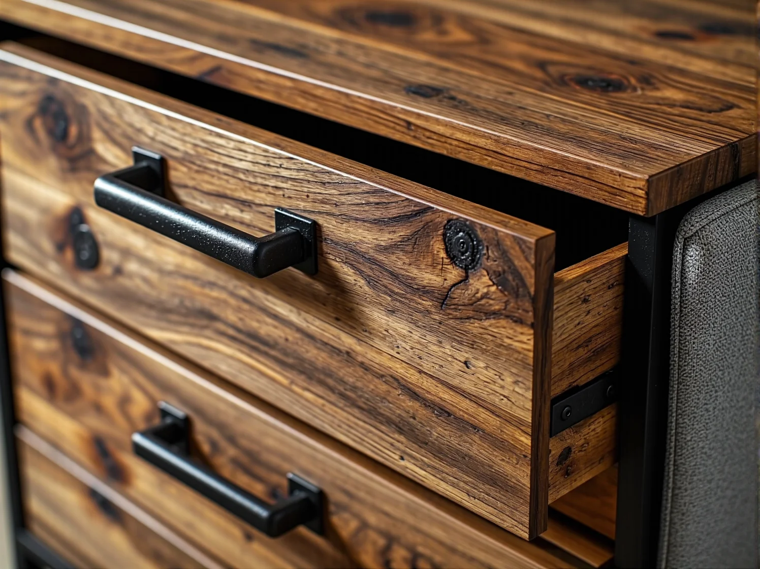 Industrialna komoda do salonu z pojemnymi szufladami i czarnym stalowym stelażem.