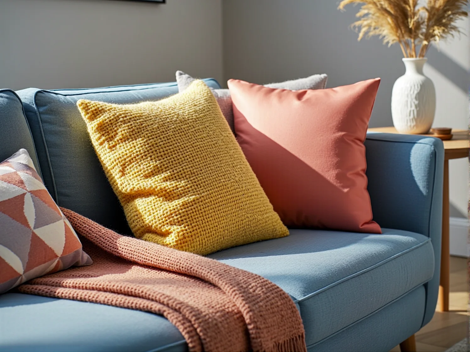 Aranżacja małego salonu z błękitną kanapą narożną i nowoczesnym oświetleniem