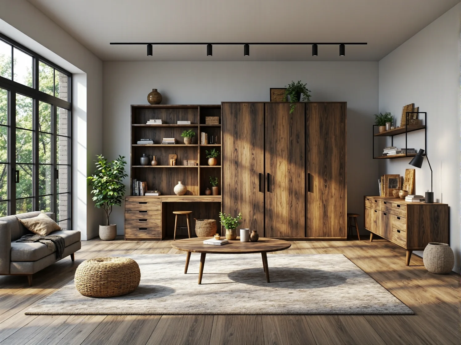 Kącik zabaw w stylu rustykalnym z drewnianymi zabawkami i miękkim dywanem