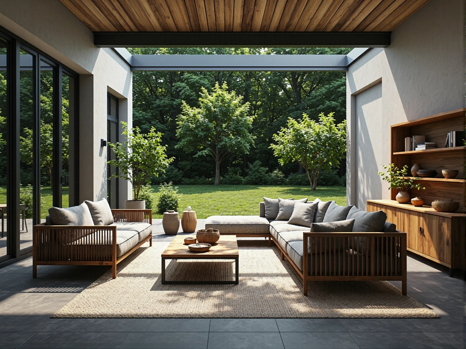 Rustykalne pieńki i kamienne siedziska wokół ogniska, trwała aranżacja strefy relaksu w ogrodzie