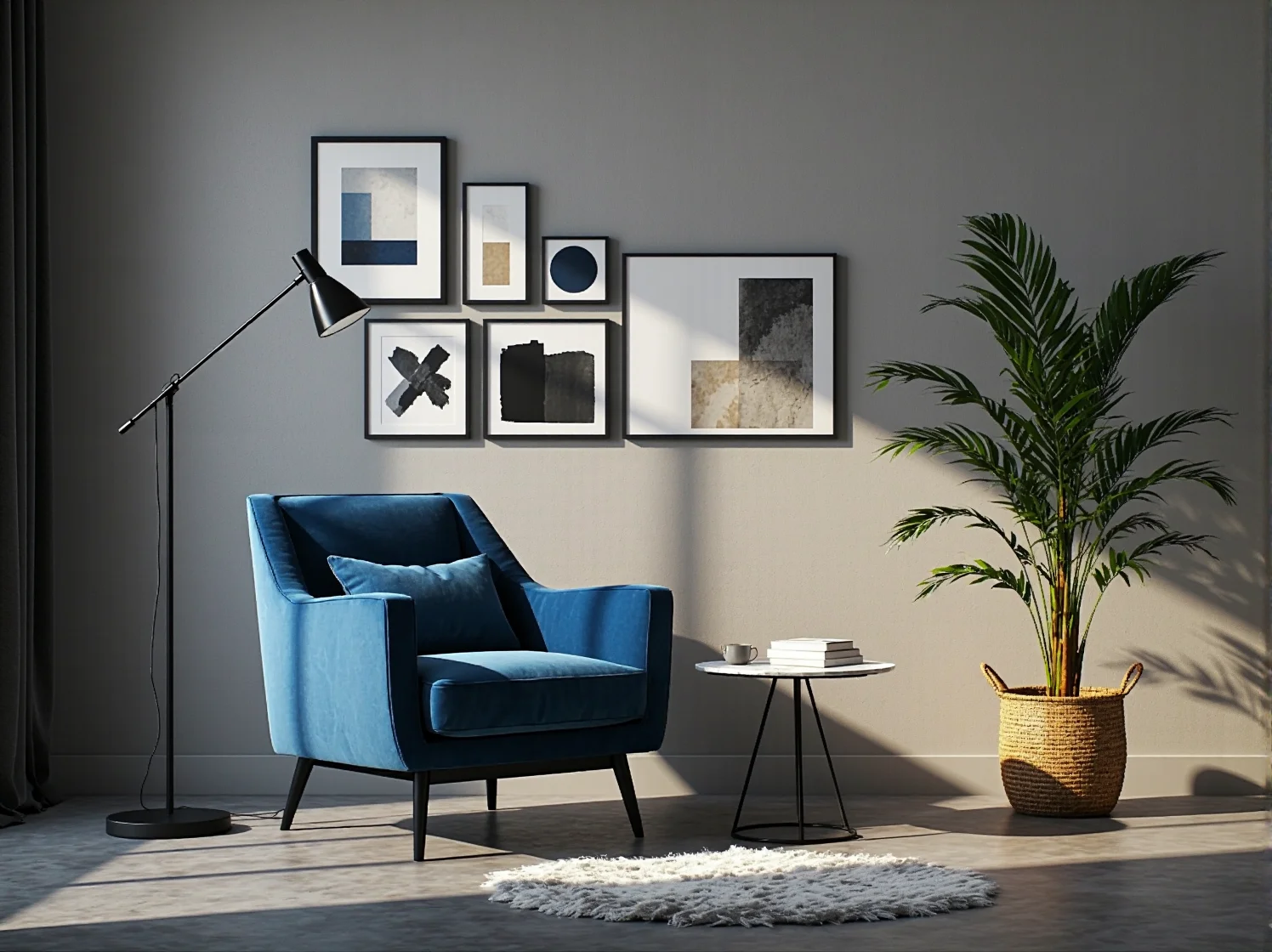 Lampa podłogowa przy fotelu w dużym salonie tworząca przytulny kącik do czytania