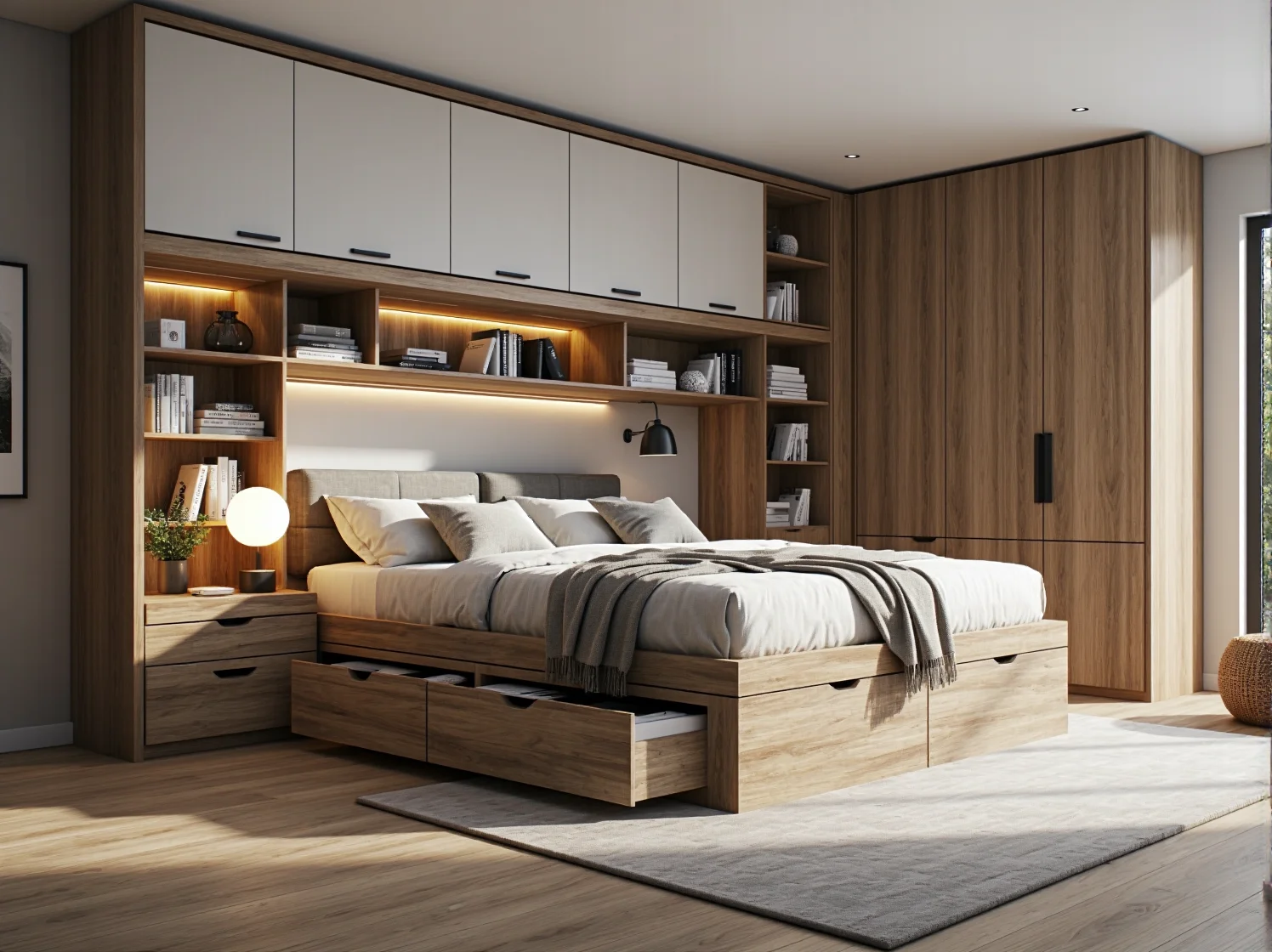 Łóżko chowane w szafie jako idealne rozwiązanie do małej sypialni oszczędzające miejsce.