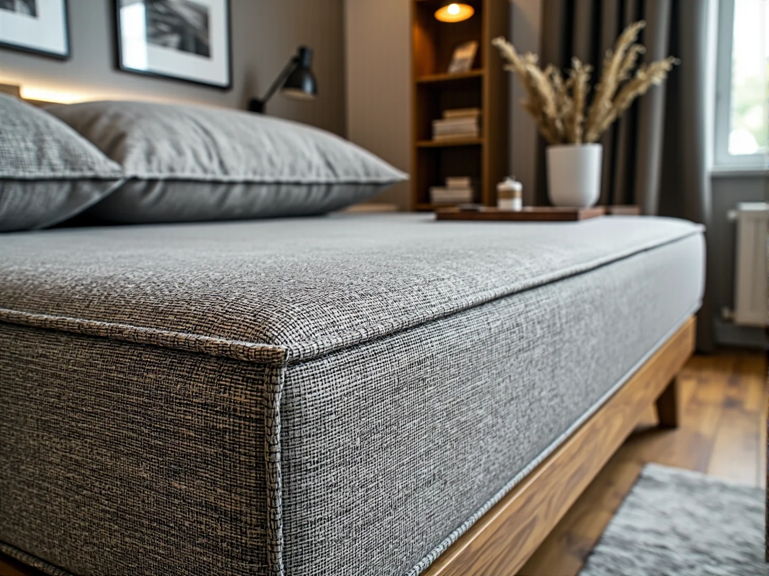 Drewniane łóżko z pojemnymi szufladami ułatwia przechowywanie pościeli i ubrań.