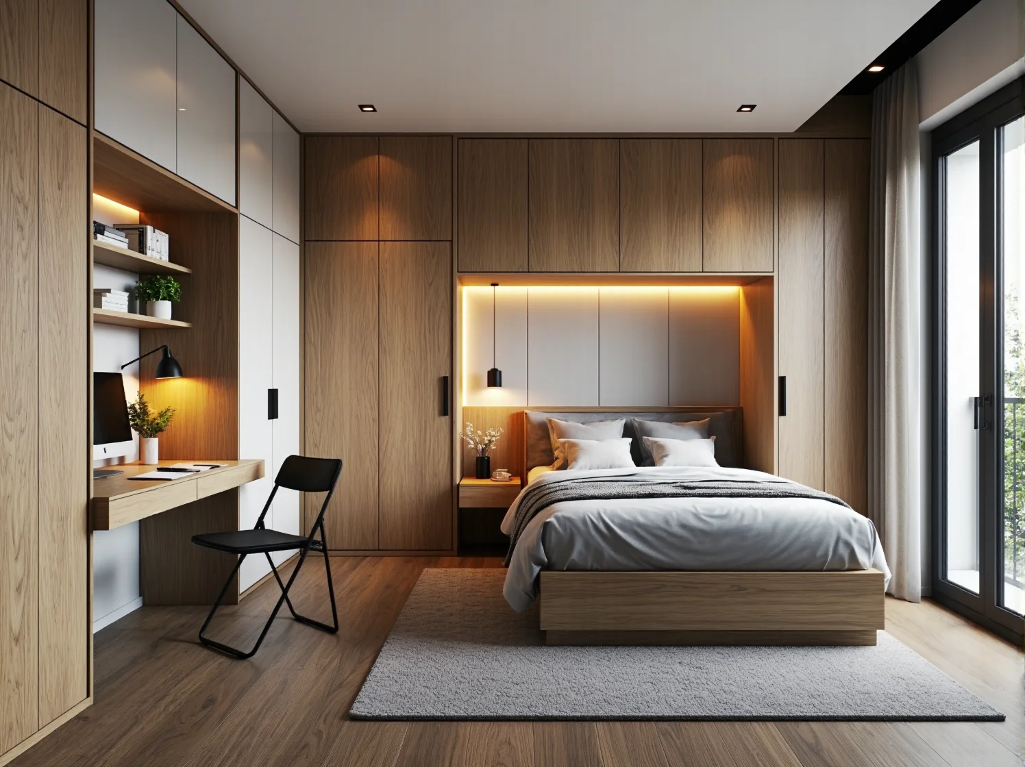 Łóżko z szufladami i zabudowa na wymiar jako sprytne schowki w małym mieszkaniu.