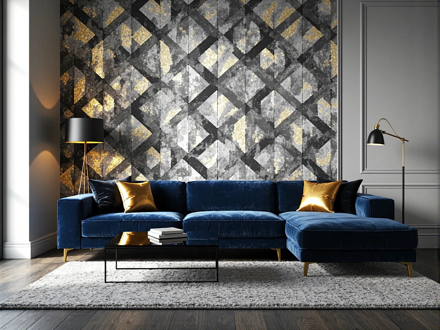 Luksusowy duży narożnik do salonu glamour, zapewniający komfort i elegancki wygląd wnętrza.