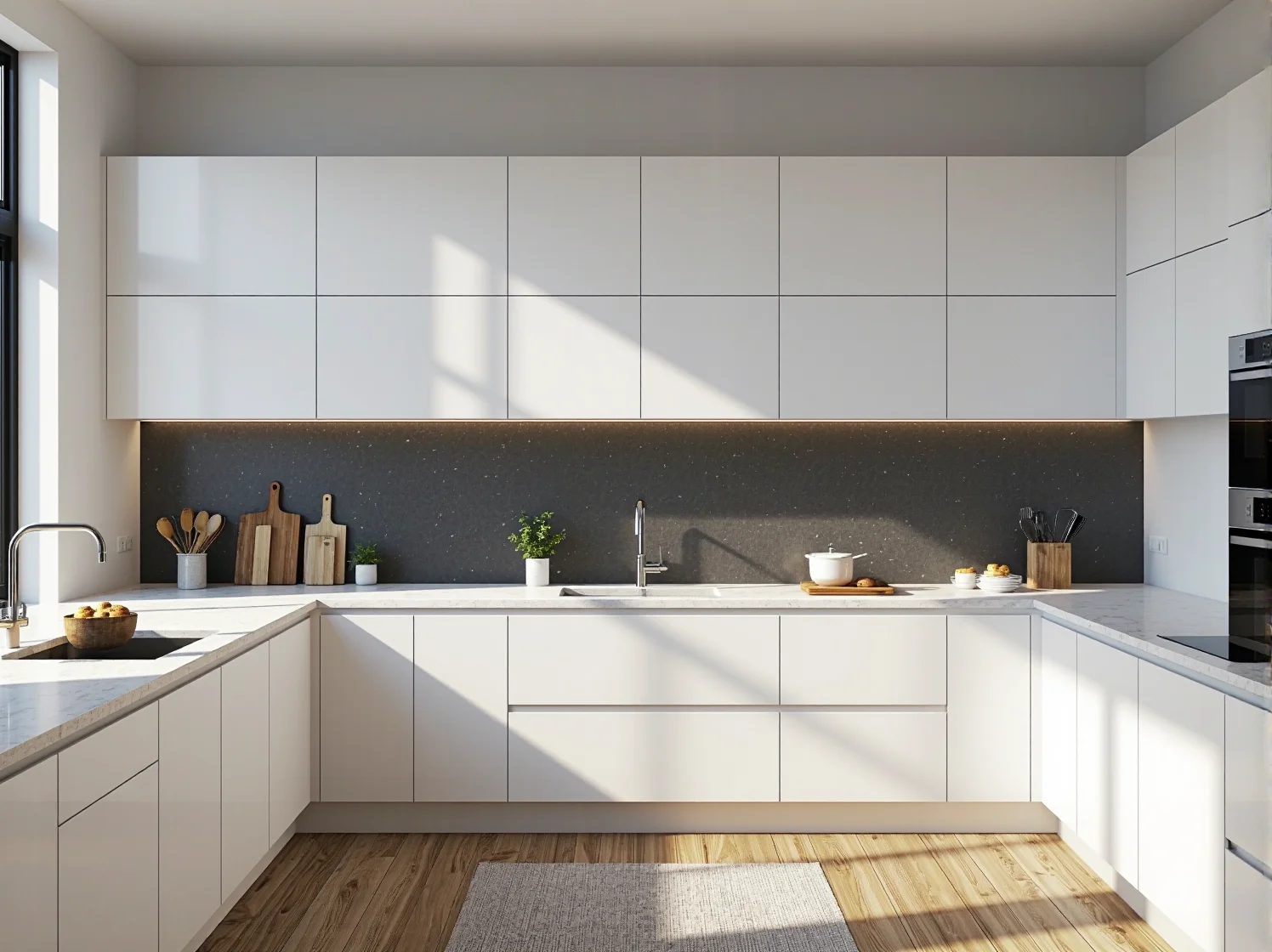 Mały balkon w stylu loft z betonowym stolikiem i czarnymi krzesłami