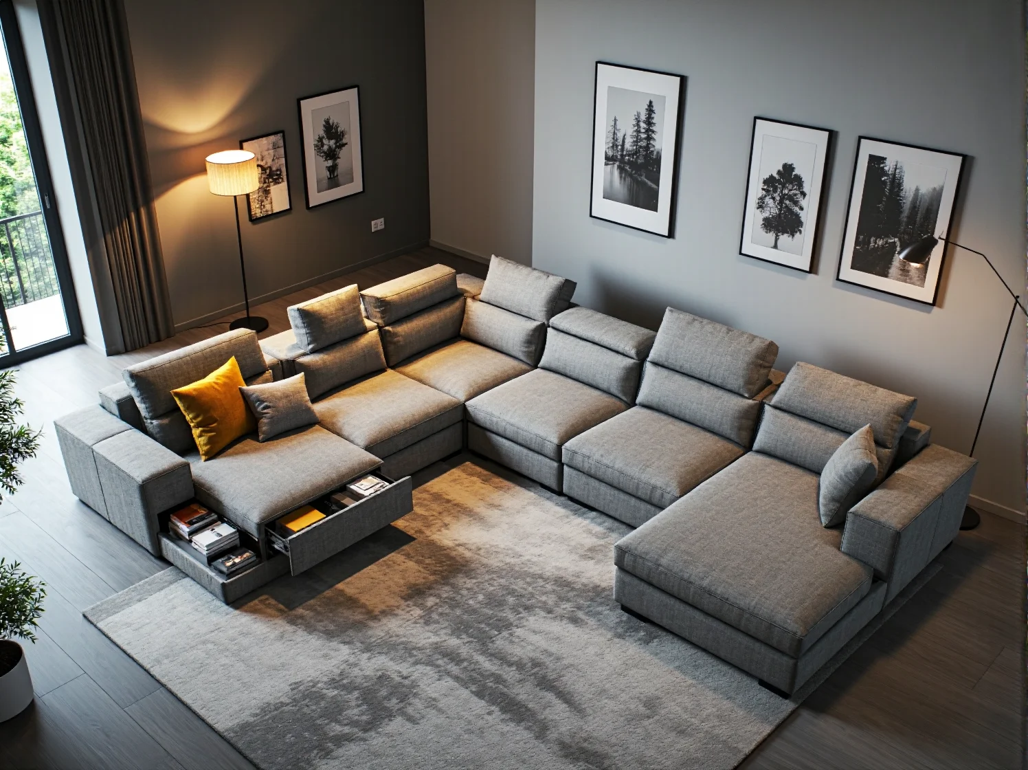 Szary narożnik z funkcją spania i schowkiem w małym mieszkaniu