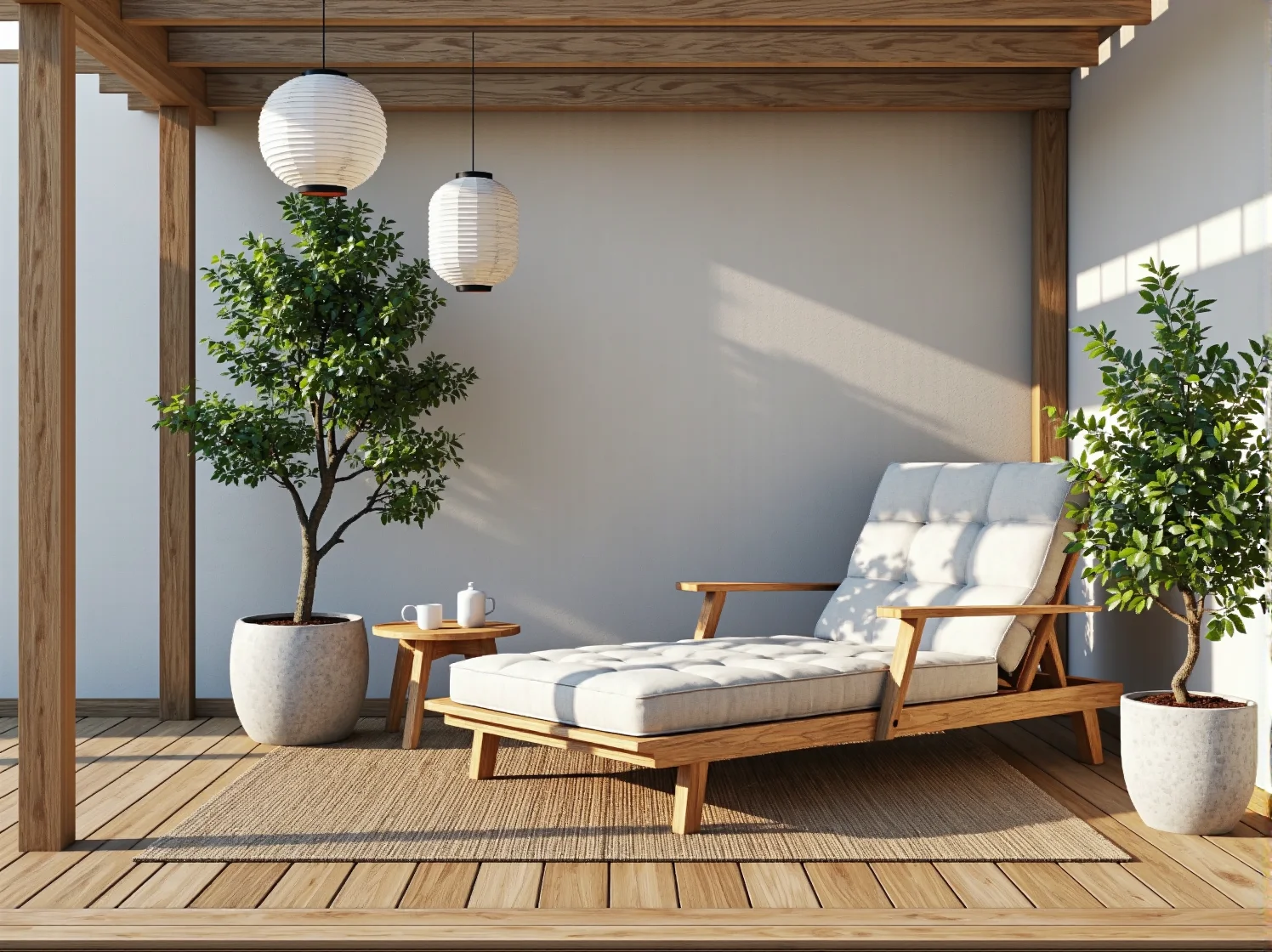 Niskie, minimalistyczne meble wypoczynkowe tworzą na tarasie oazę spokoju.