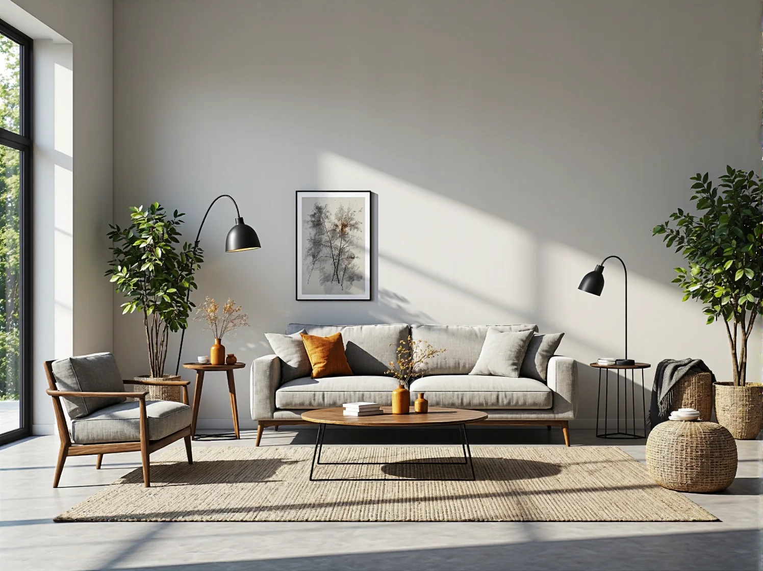 Mosiężne lampy ogrodowe wiszące na drewnianej pergoli w otoczeniu egzotycznych roślin.