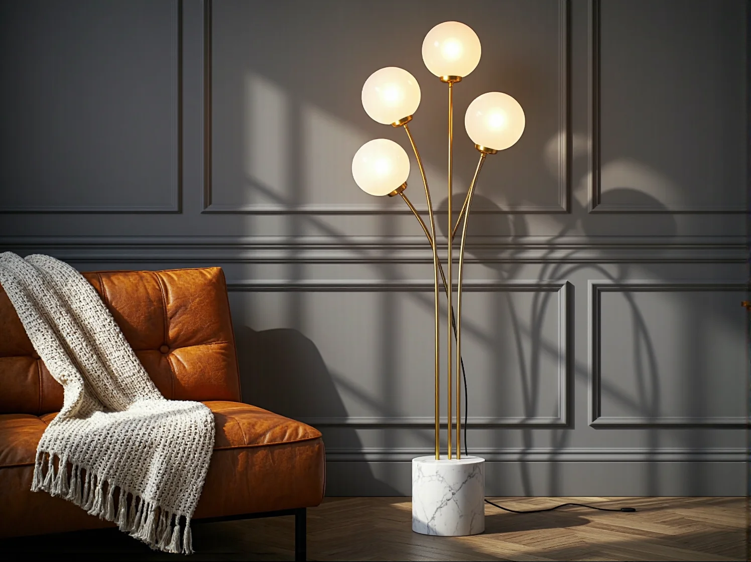 Stylowa lampa podłogowa z abażurem budująca nastrojowe oświetlenie w salonie