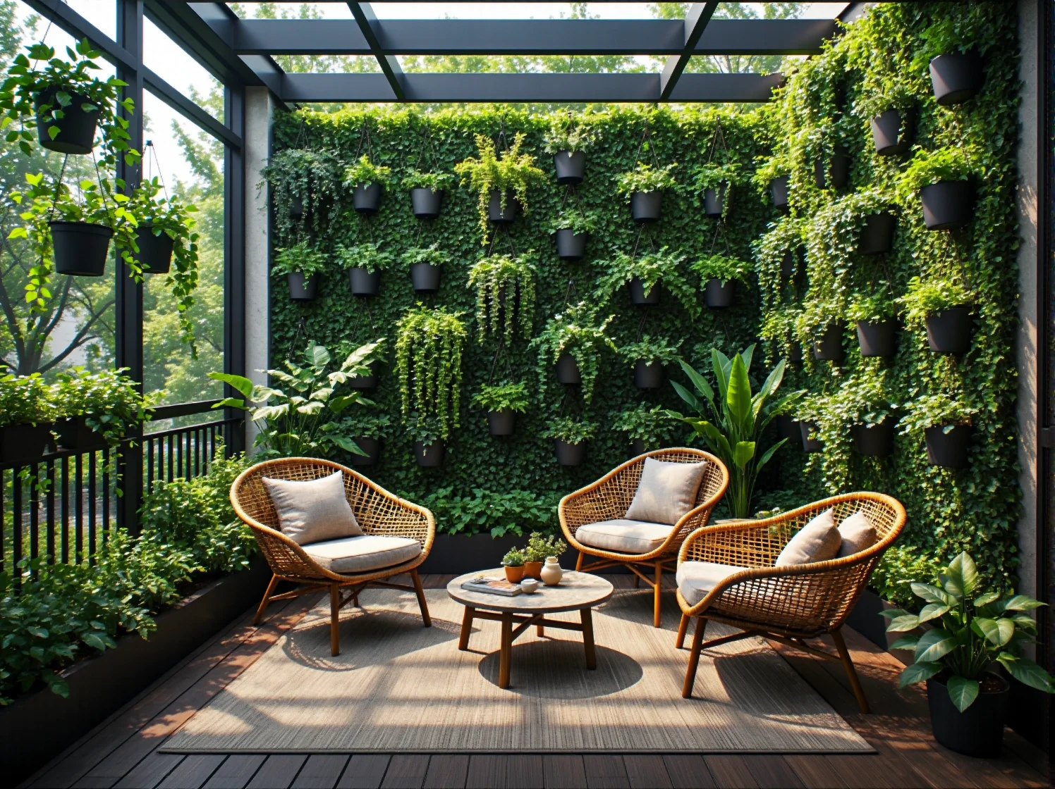 Wypoczynkowe meble rattanowe w naturalnym ogrodzie ekologicznym