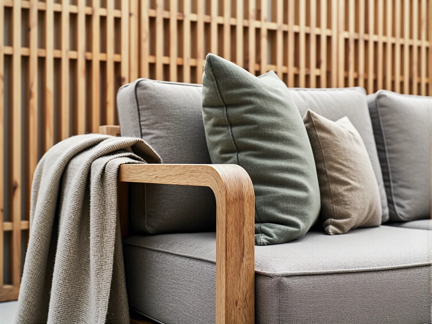 Nordycka wygoda na tarasie japandi dzięki miękkim poduszkom i prostym formom.