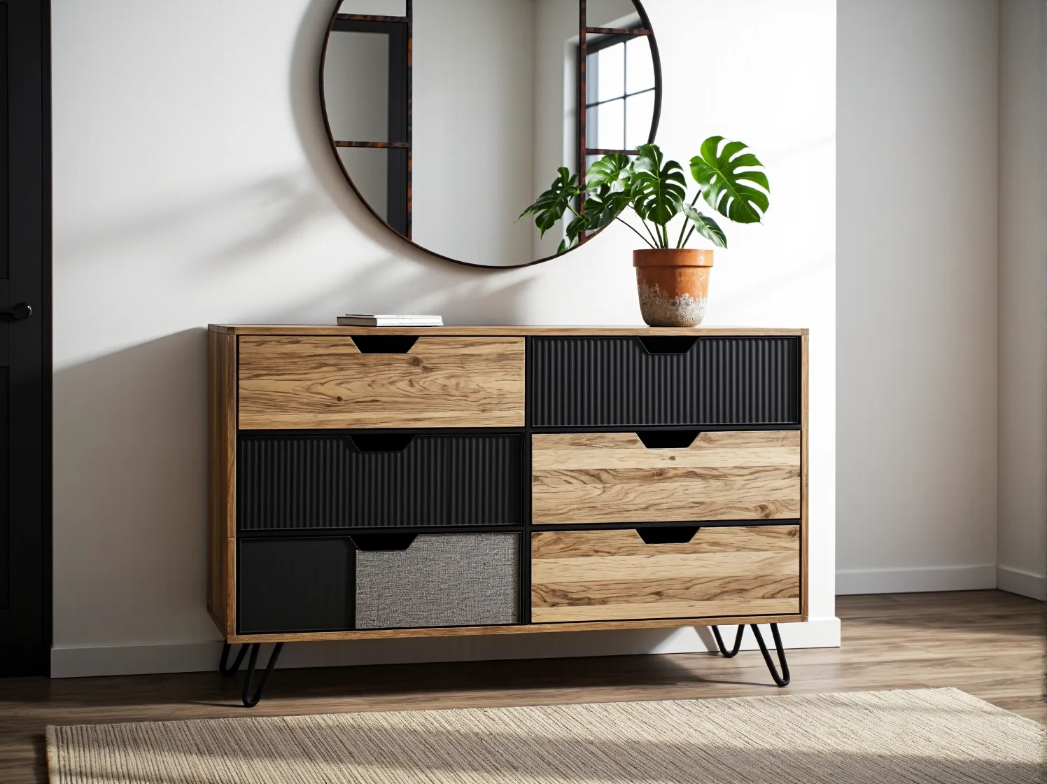 Nowoczesna komoda w stylu loftowym zaaranżowana w surowym, ceglanym wnętrzu.