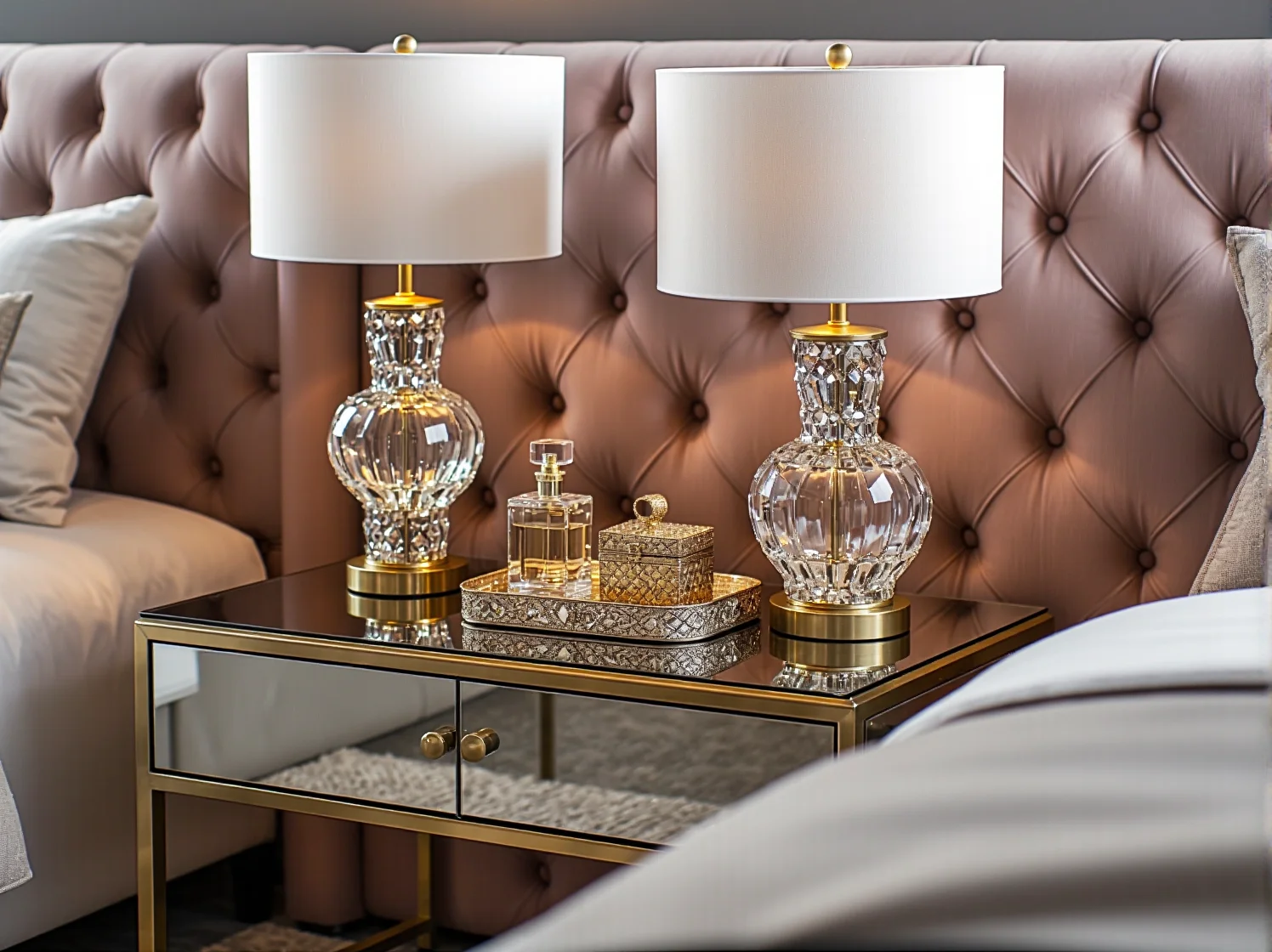 Nowoczesne kinkiety ze złotymi akcentami oświetlające luksusową sypialnię w stylu glamour.