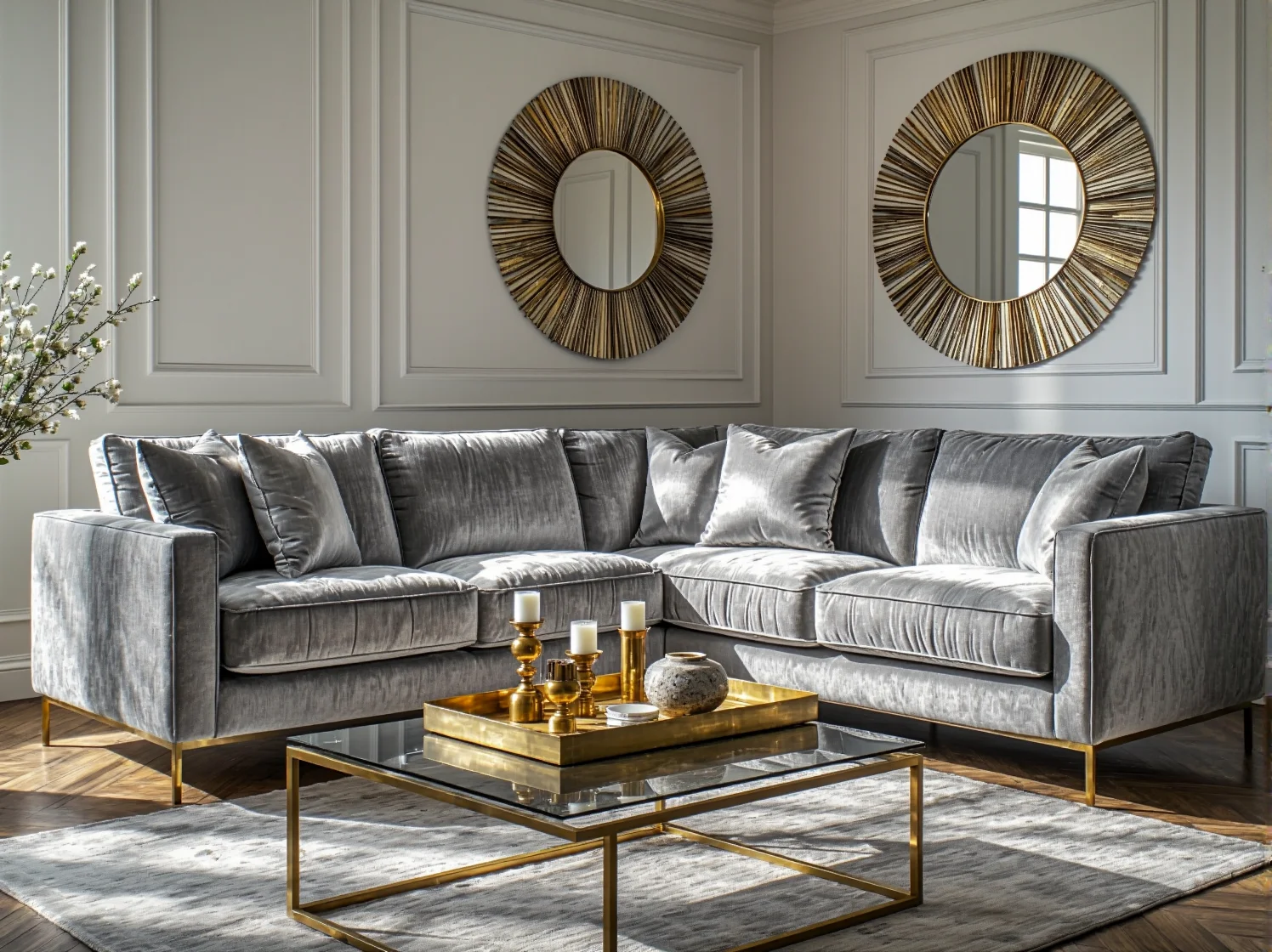 Szary narożnik glamour w nowoczesnym salonie z lustrzanymi dodatkami i marmurowym stolikiem.