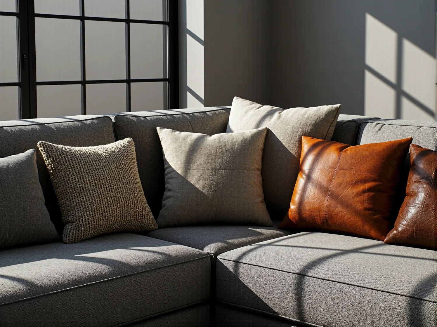 Minimalistyczny narożnik welurowy w stylu loftowym w otoczeniu metalowych i drewnianych dodatków