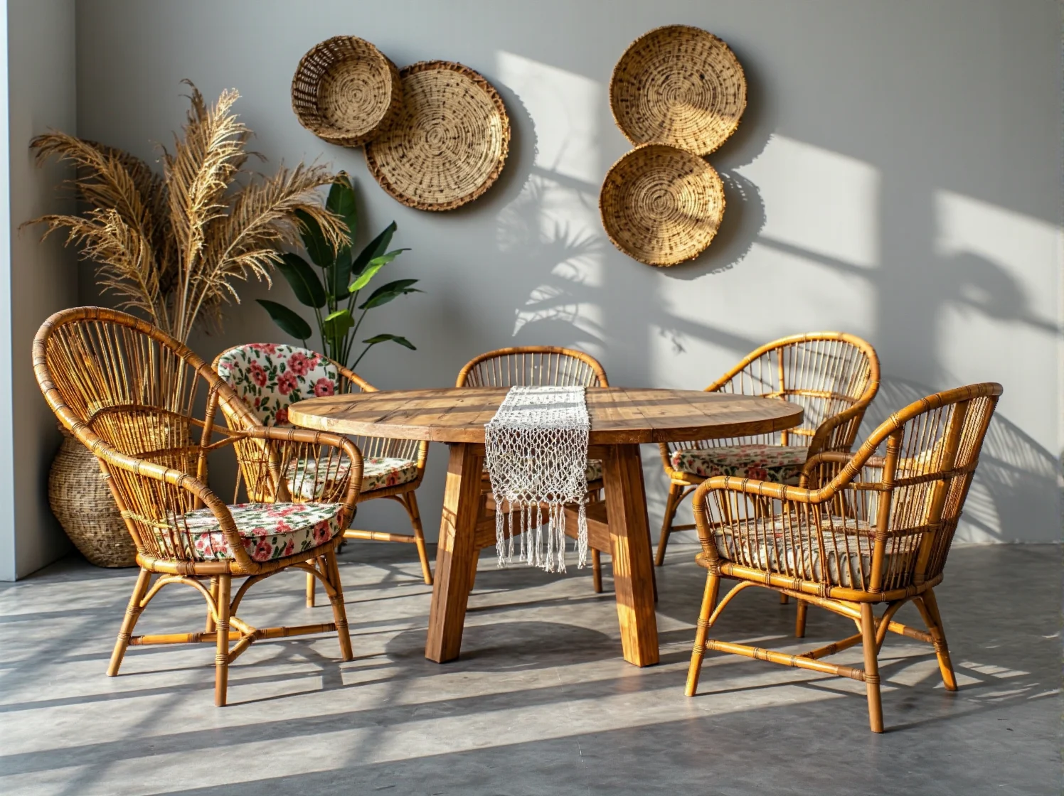 Okrągły stół do kawiarni boho otoczony roślinami i miękkimi poduszkami.