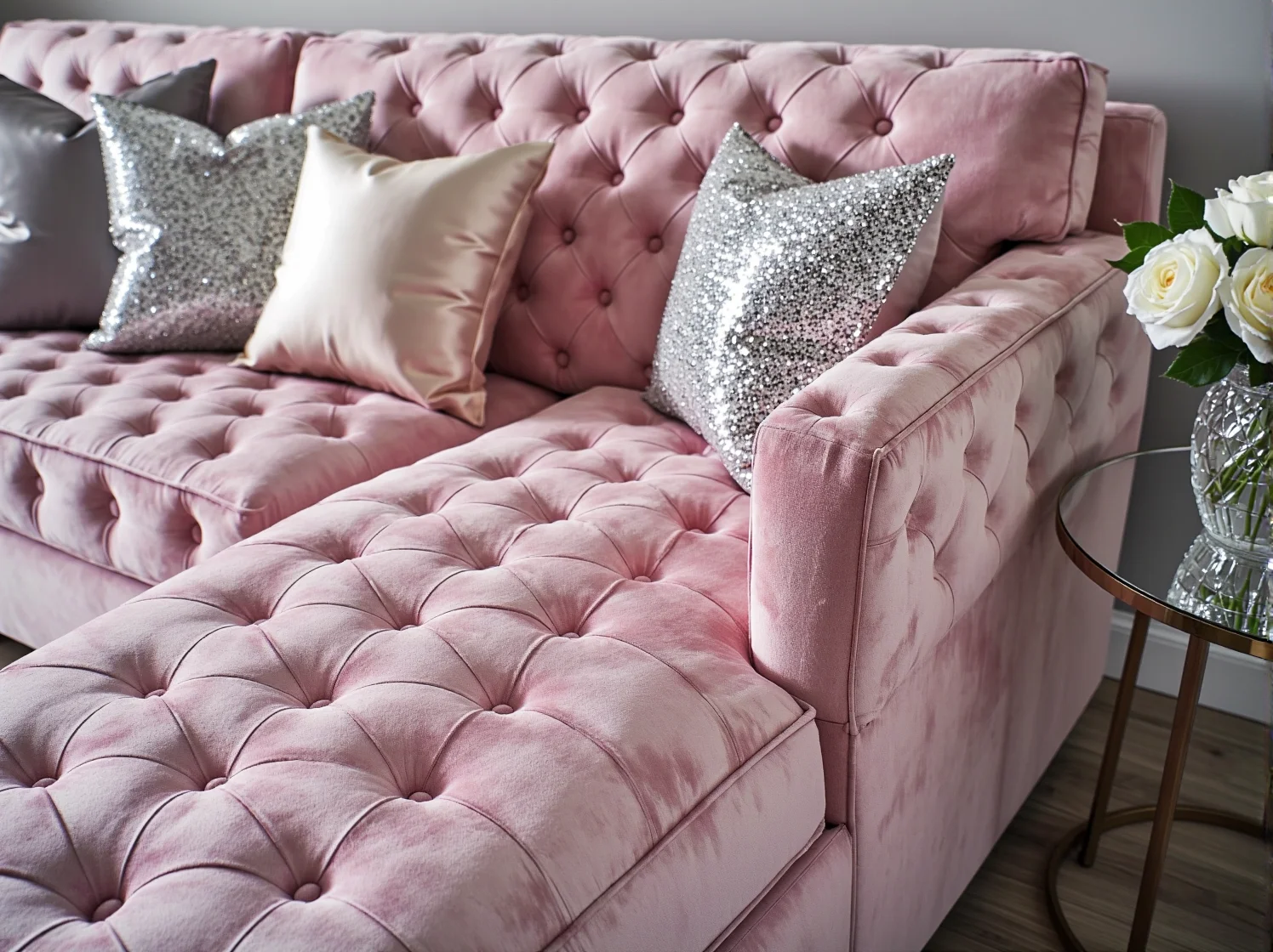 Pikowany narożnik z funkcją spania w stylu glamour, złote nóżki i aksamitne poduszki.