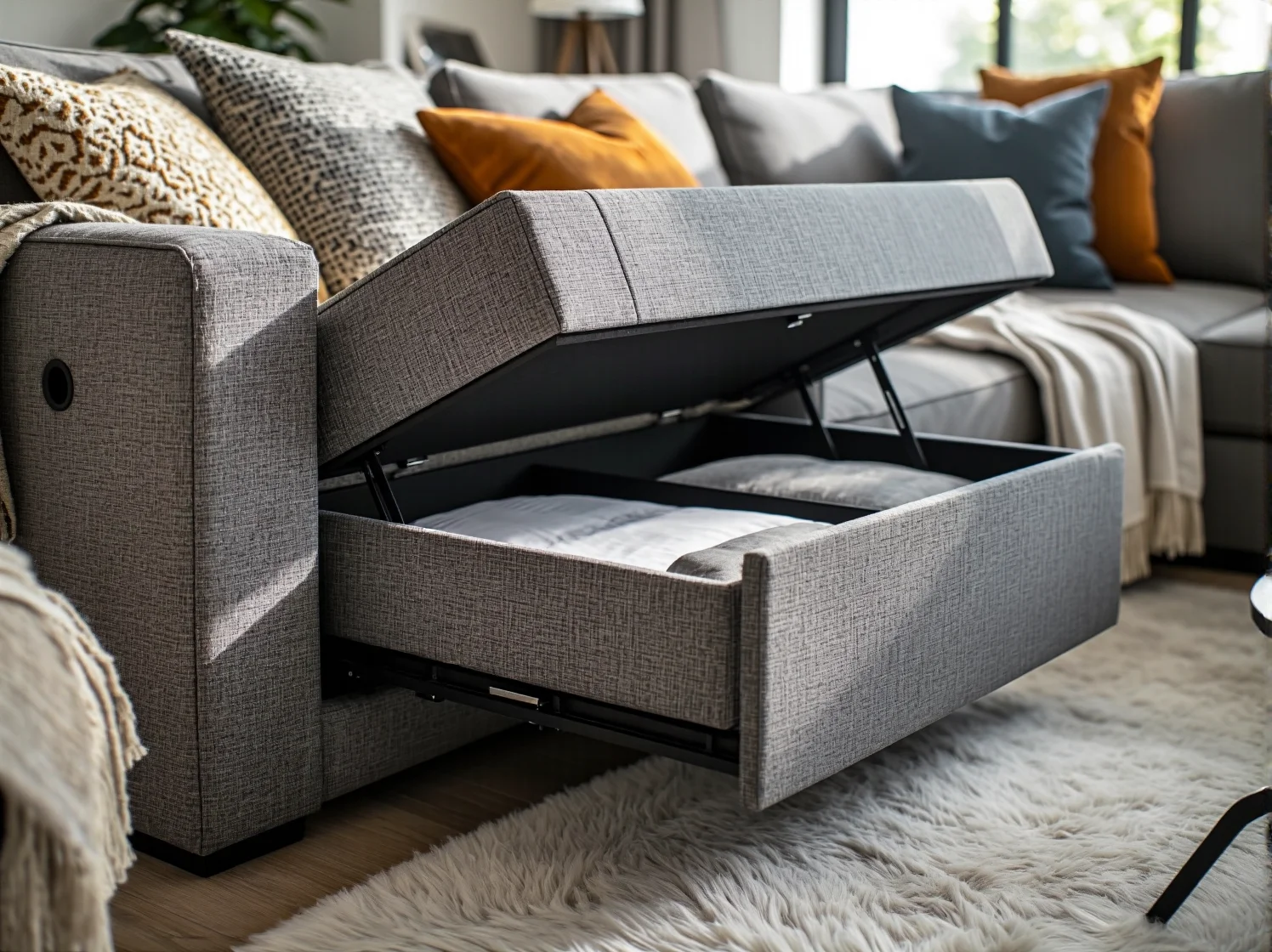 Otwarty pojemnik na pościel w wygodnym narożniku tapicerowanym