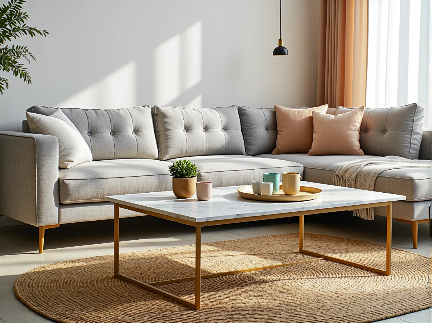 Jasny pokój dzienny z różowym narożnikiem, roślinami doniczkowymi i złotymi dodatkami