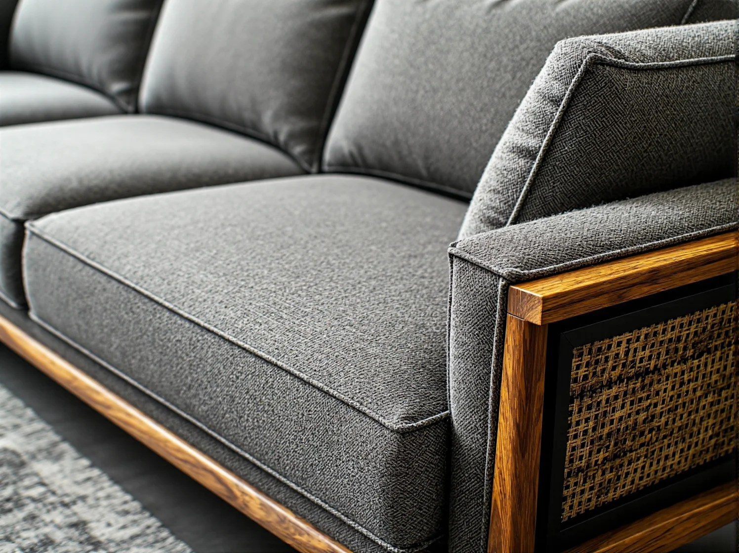 Sofa japandi z naturalnego drewna i jasnej tkaniny we wnętrzu