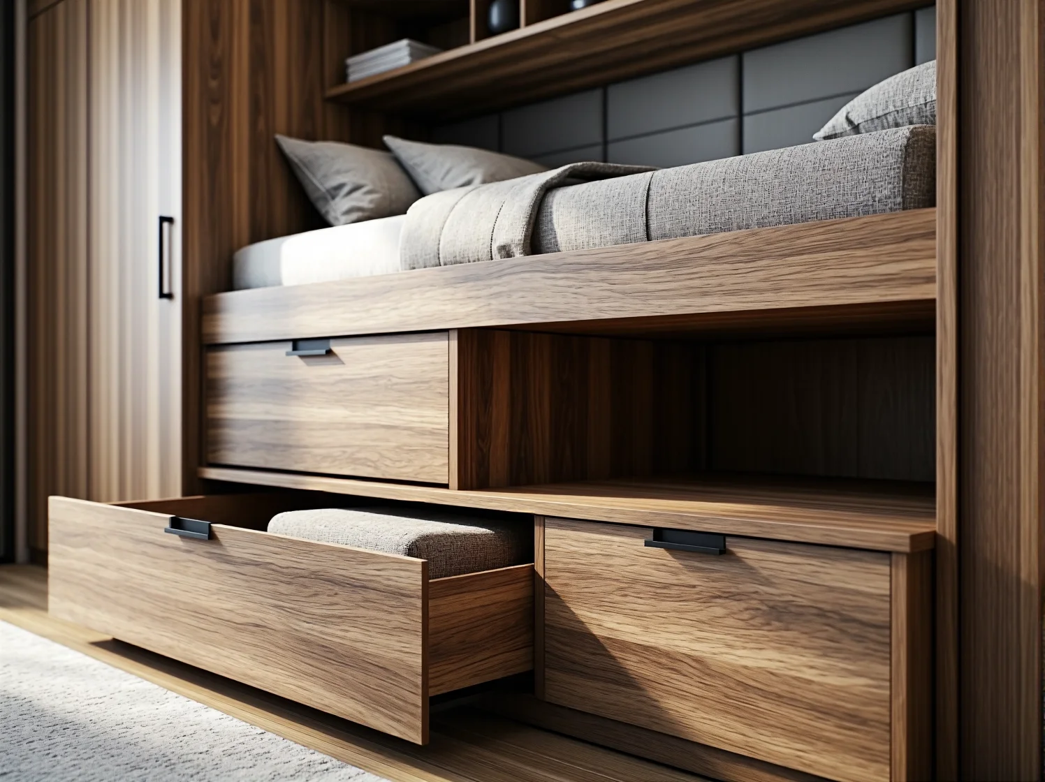 Nowoczesna sofa modułowa z funkcją spania, oszczędzająca miejsce w kawalerce.