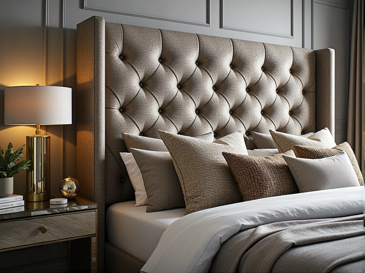 Pikowana sofa welurowa w stylu glamour o obłych kształtach, modny trend 2025