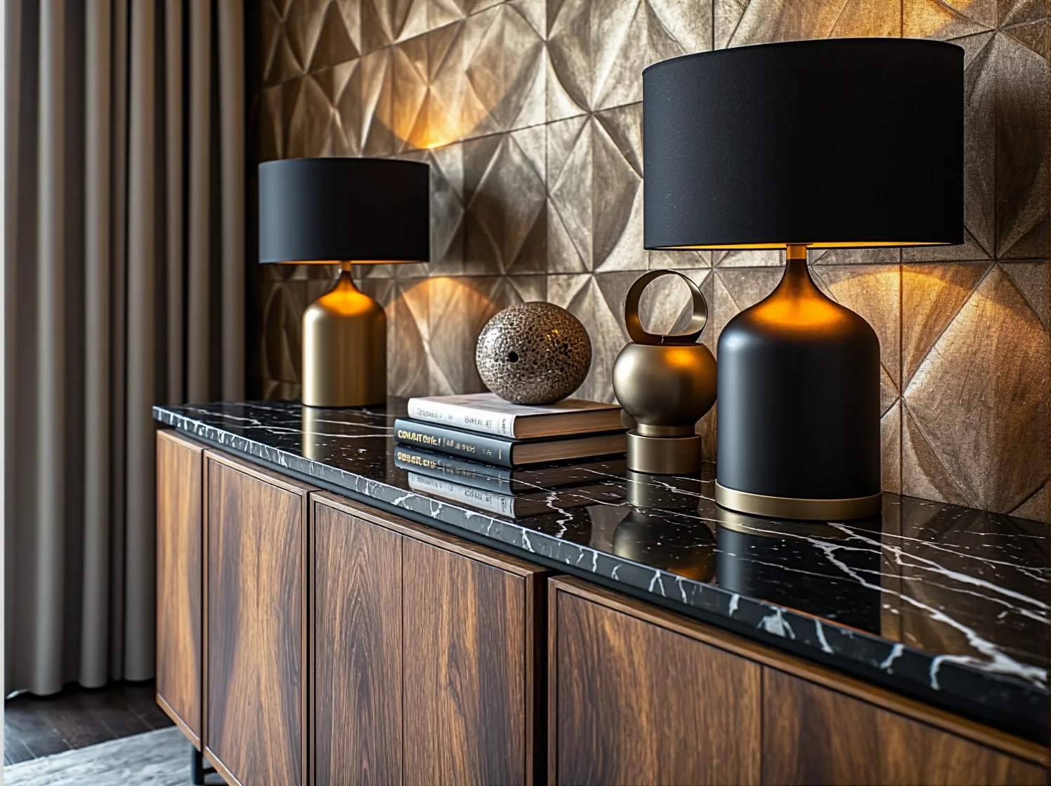 Najnowsze trendy oświetleniowe glamour: geometryczna lampa wisząca nad jadalnianym stołem.