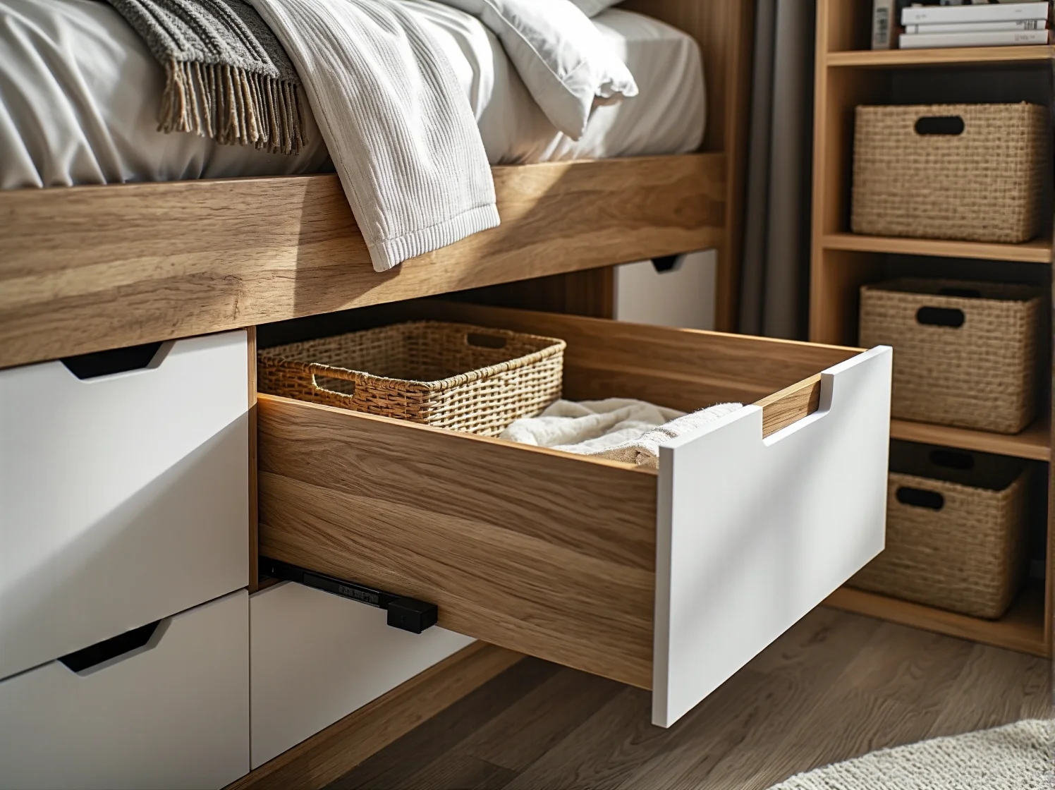 Trwałe łóżko piętrowe z szufladami w pokoju dziecięcym, oszczędzające miejsce rozwiązanie dla licznej rodziny